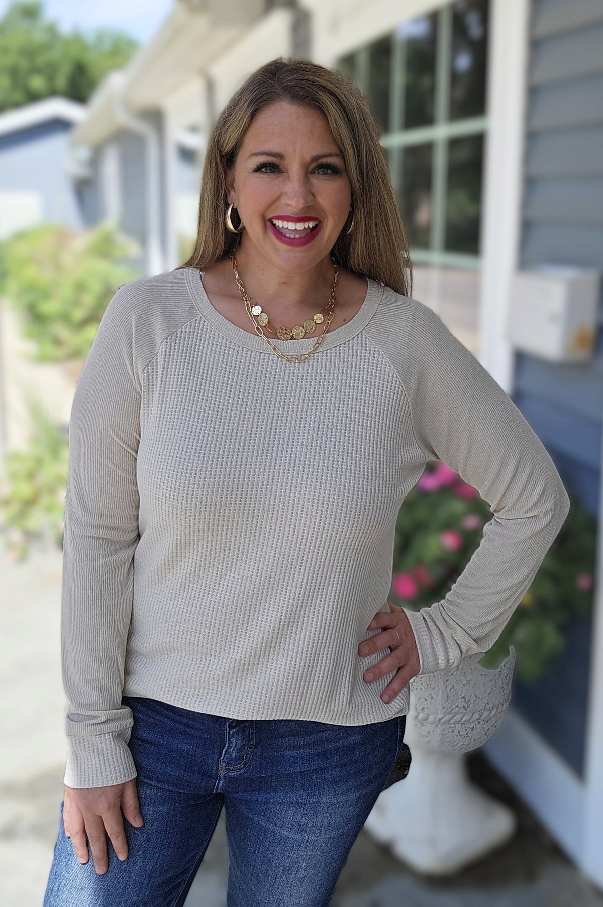 NATURALCONTRAST LONG SLEEVE WAFFLE KNIT TOP