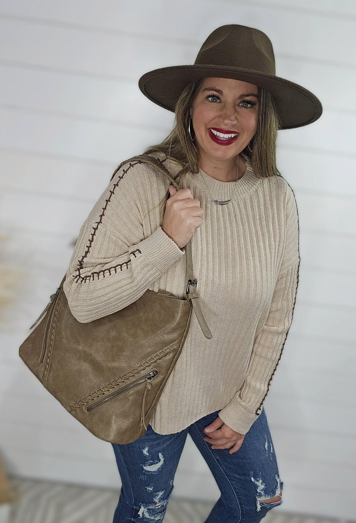 MOCHA VERTICAL STRIPED BLANKET STITCH SWEATER