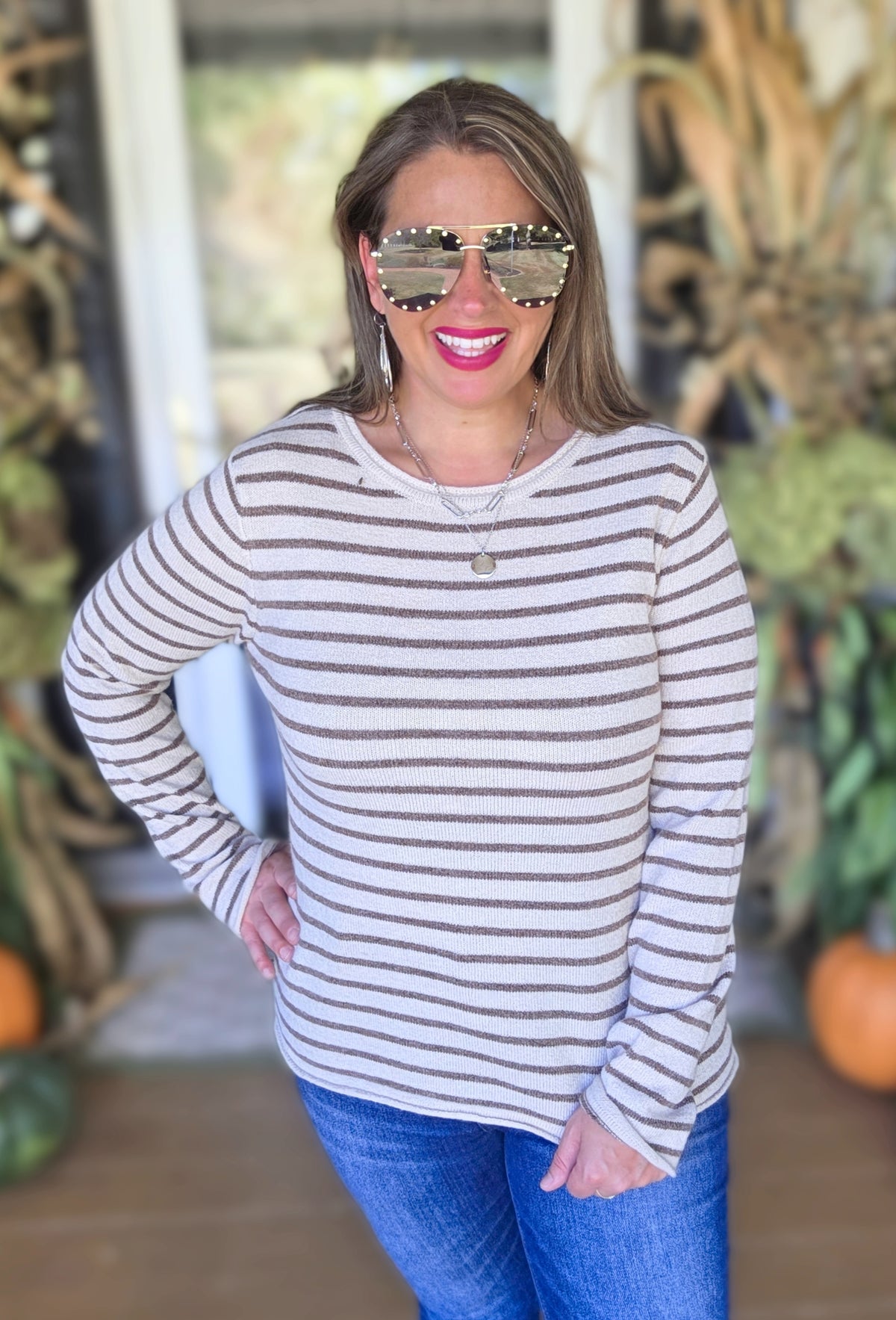 OATMEAL/COPPER STRIPED KNIT SWEATER