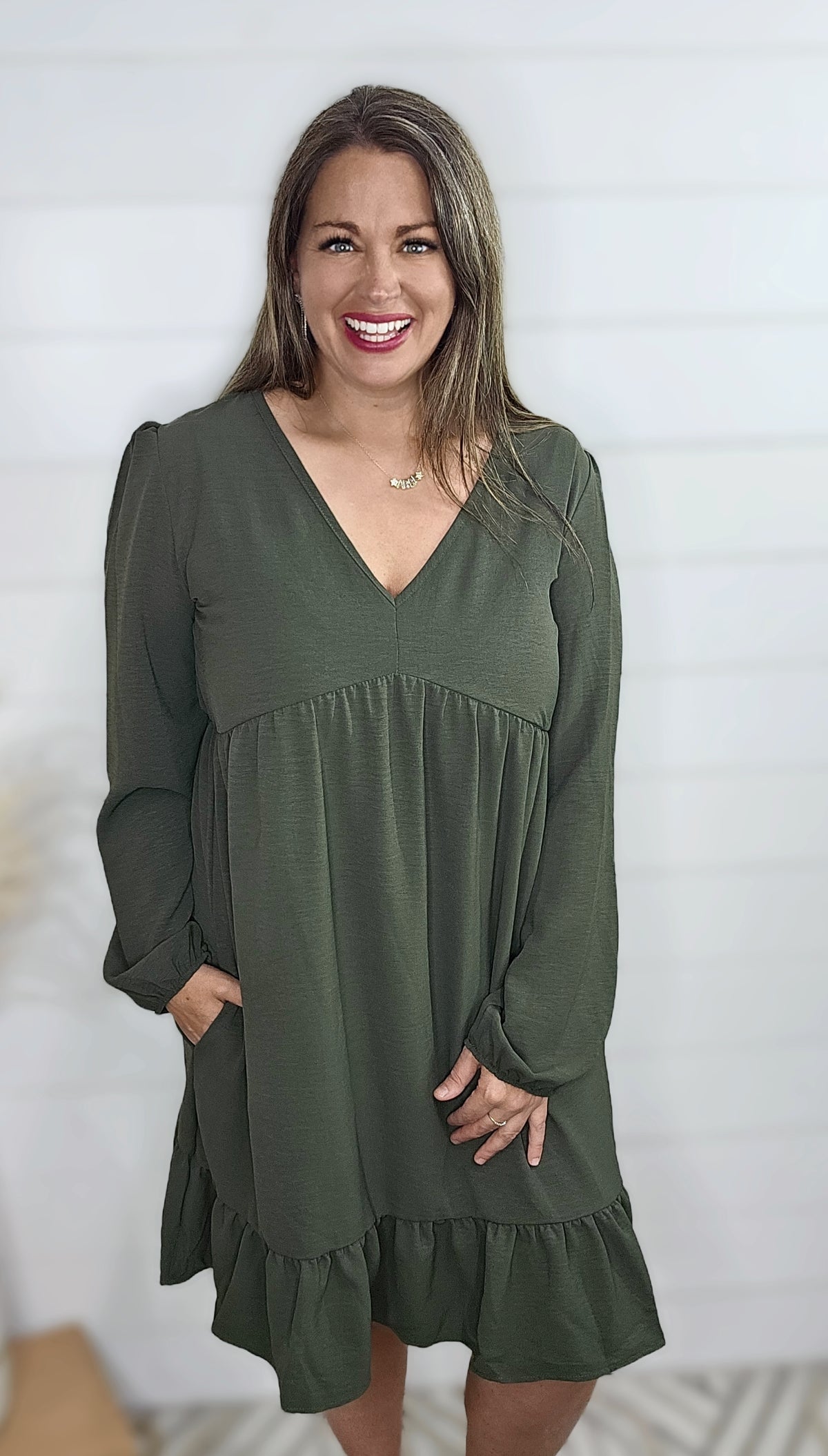 OLIVE V NECK BABYDOLL DRESS W/ RUFFLE HEM