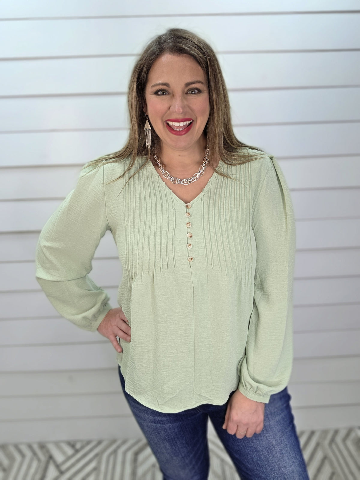 SAGE PINTUCK V NECK WOVEN TOP