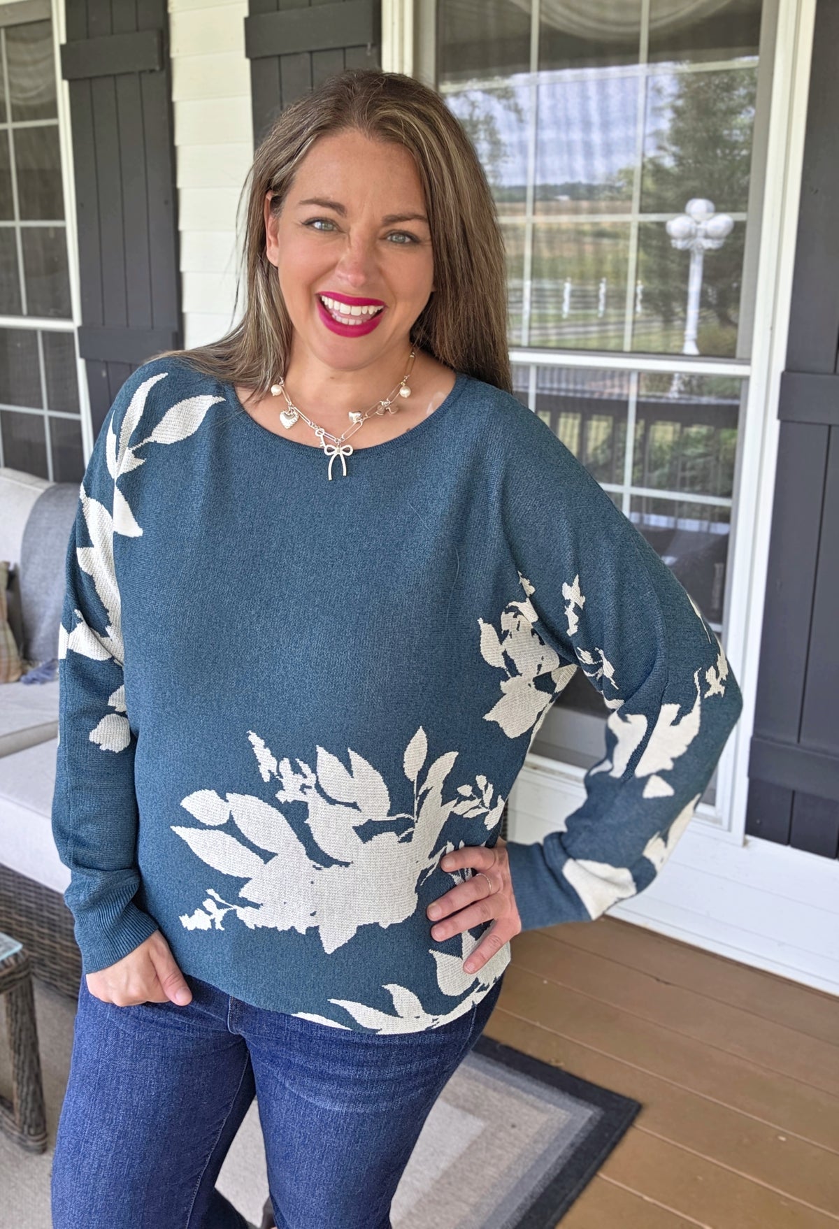 TEAL FLORAL JACQUARD DOLMAN KNIT SWEATER