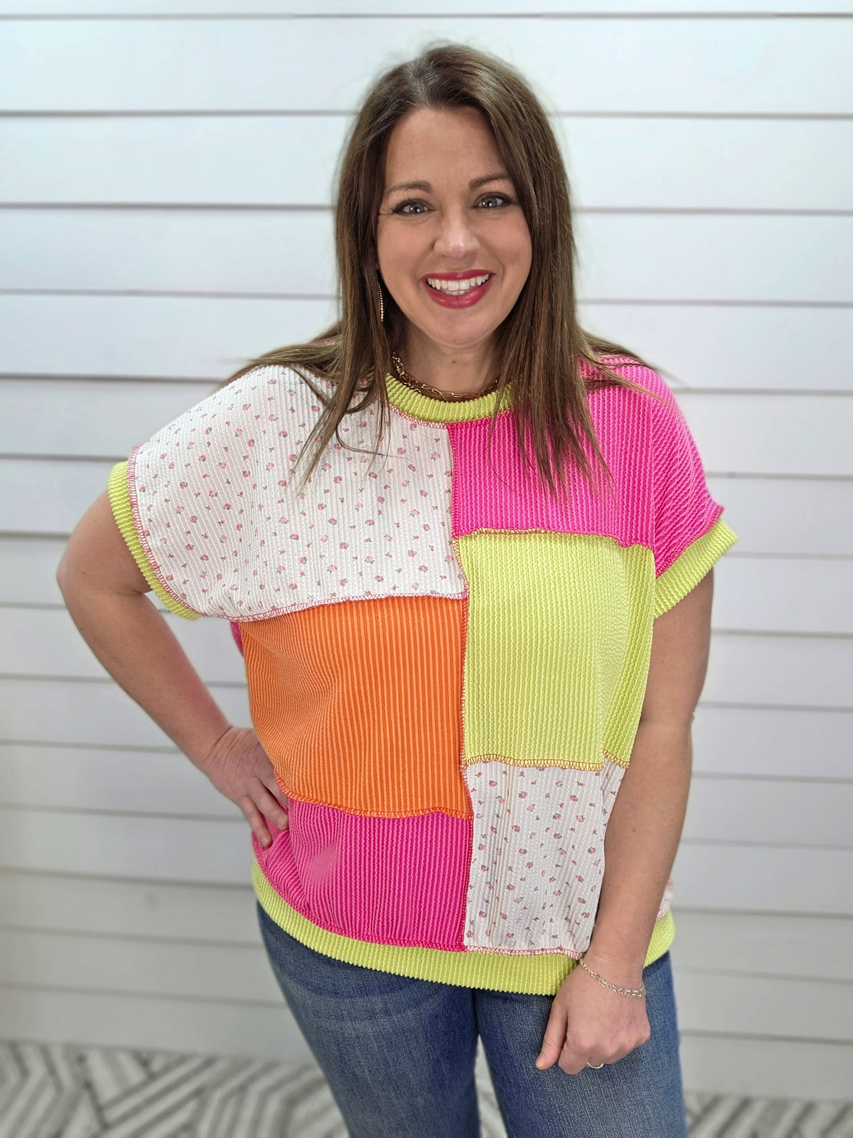 NEON COLORBLOCK RAISED RIBBED KNIT TOP W/ FLORAL TRIM