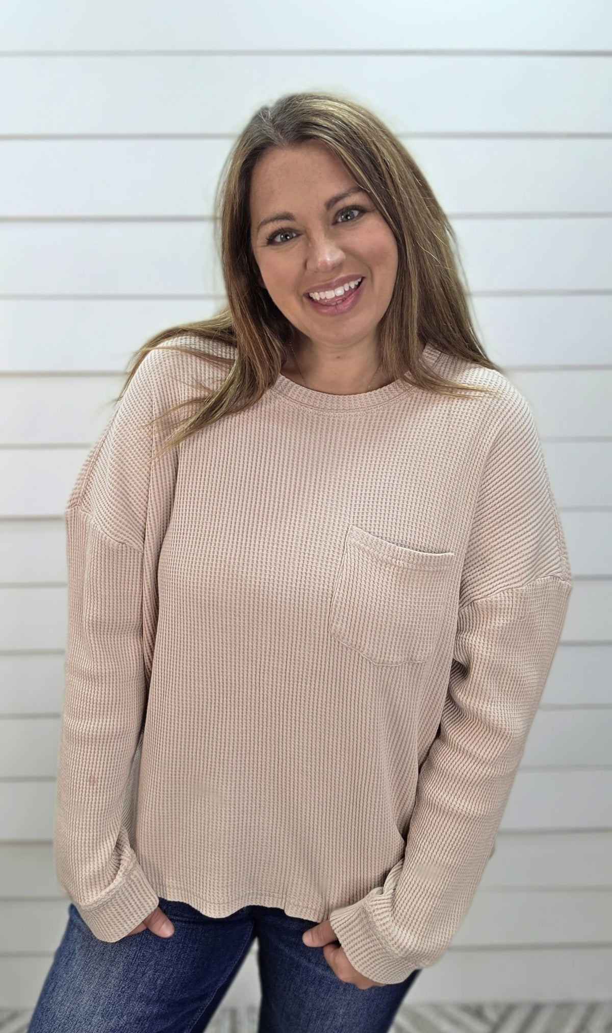 LIGHT TAUPE WAFFLE TEXURE POCKET TOP