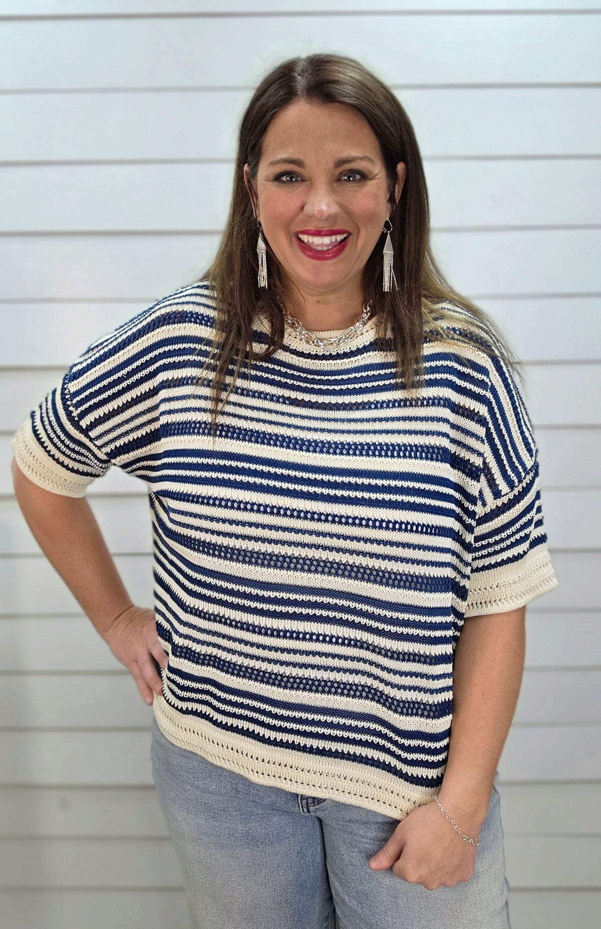BLUE/CREAM STRIPED OPEN KNIT LOOSE FIT SHORT SLEEVE SWEATER