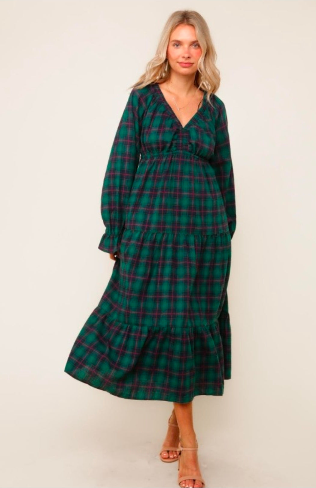 HUNTER GREEN PLAID V NECK LONG DRESS