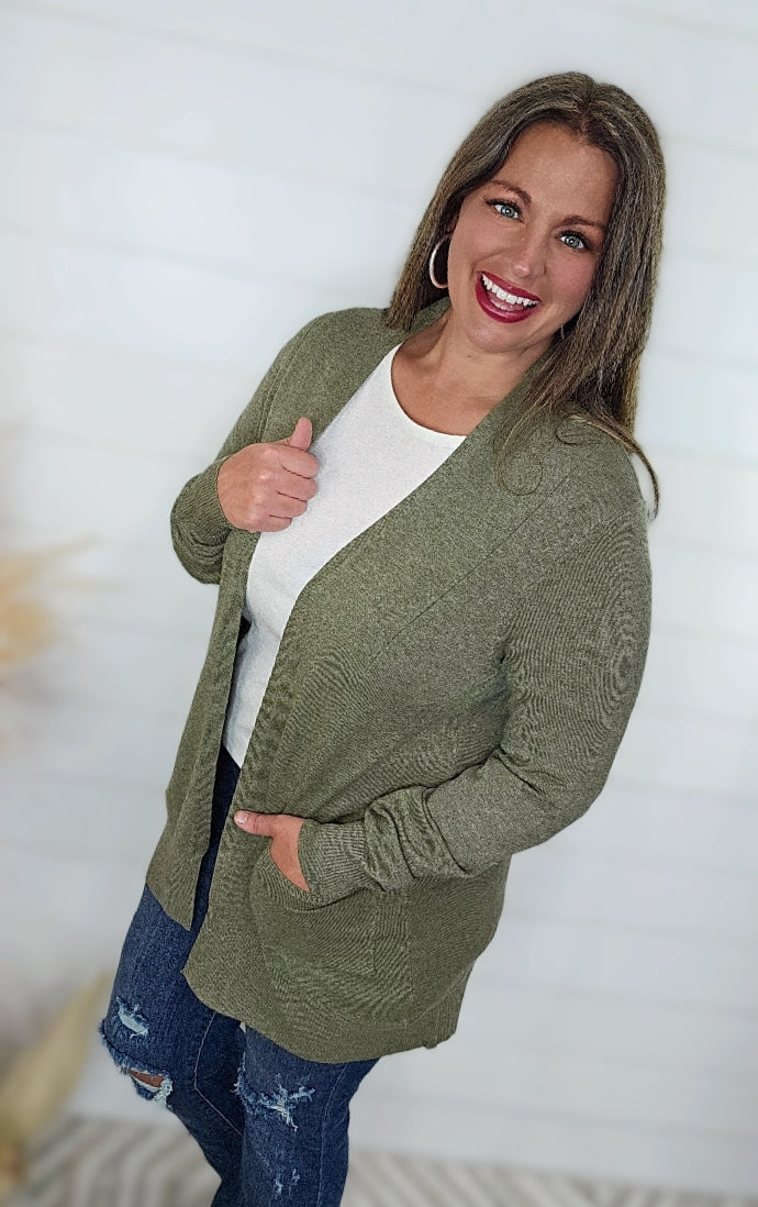 HEATHERED MED OLIVE ULTRA SOFT OPEN CARDIGAN W/ SIDE POCKETS