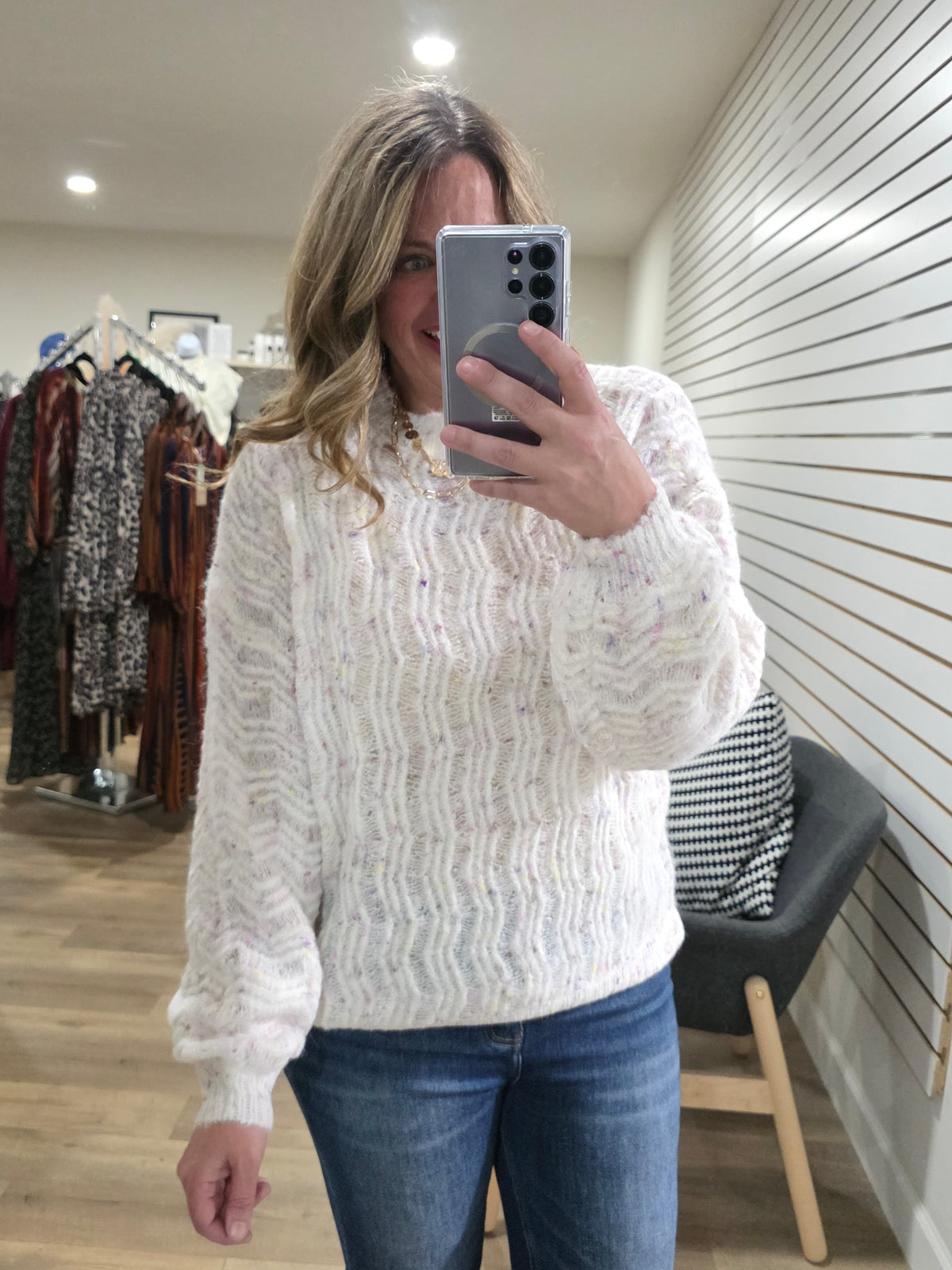 CREAM LOOSE WEAVE KNIT MULTI COLOR THRED SWEATER