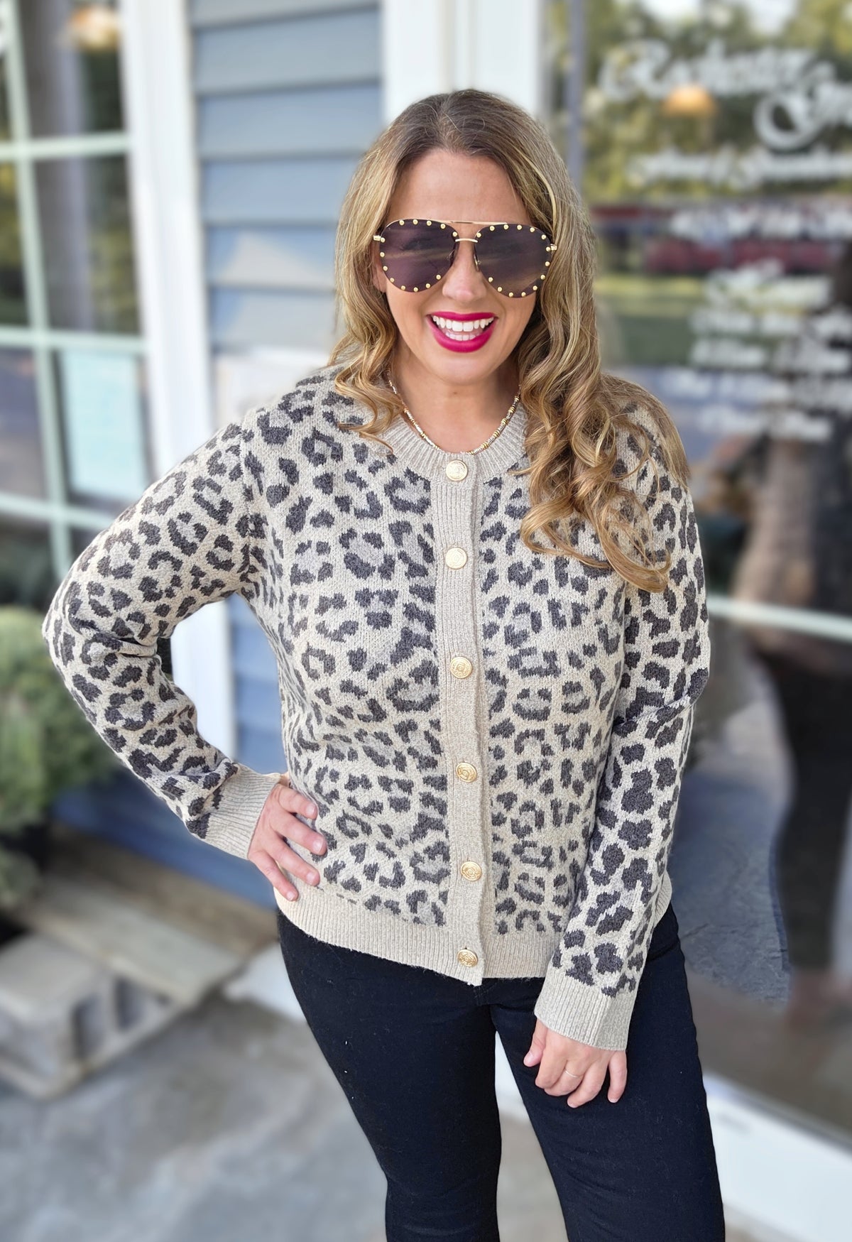 TAUPE LEOPARD BUTTON DOWN SWEATER CARDIGAN