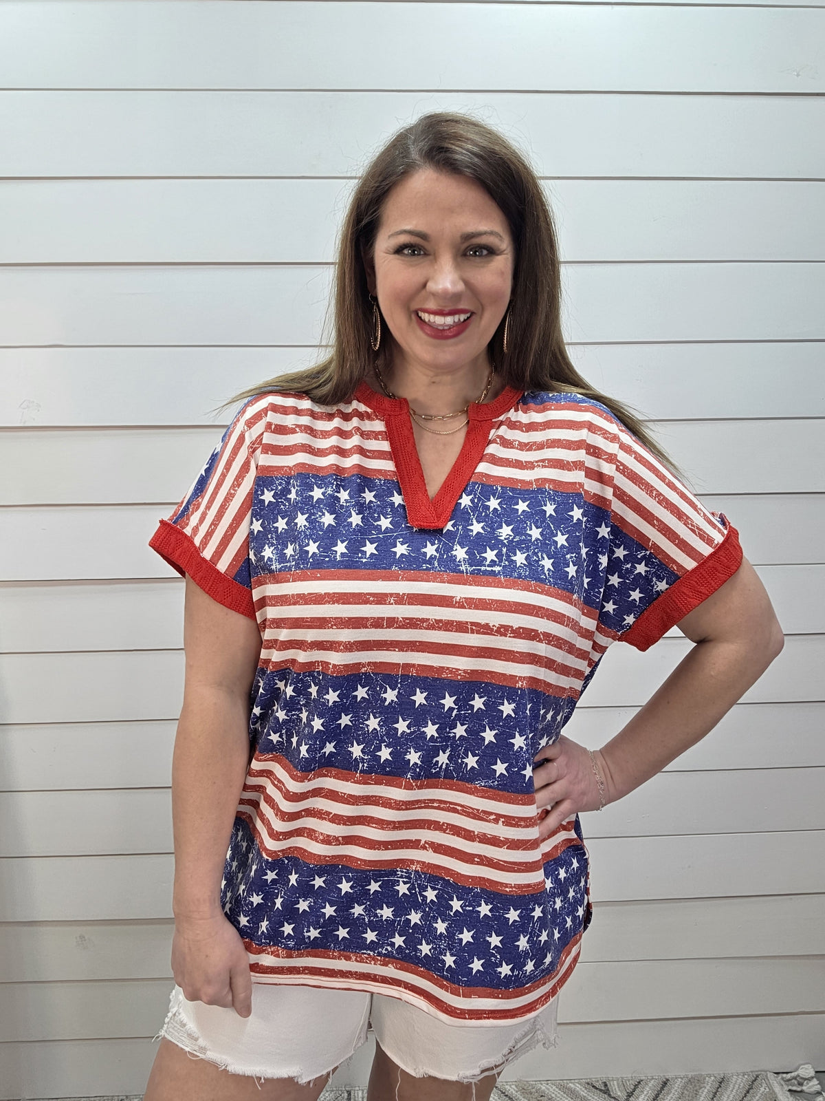 RED/BLUE STARS AND STRIPED V NECK KNIT TOP