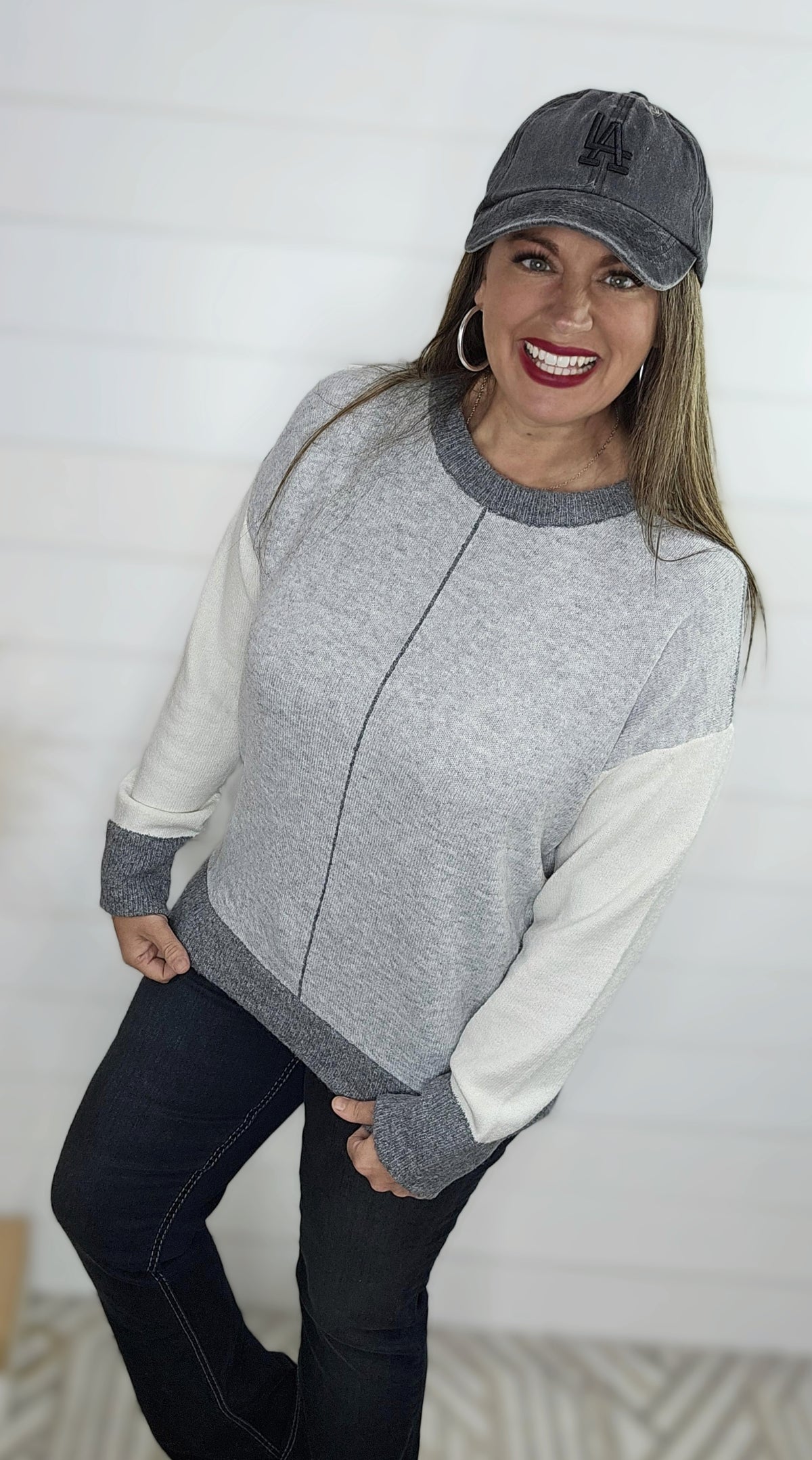 LIGHT GREY COLORBLOCK CONTRAST LINE DETAIL PULLOVER SWEATER