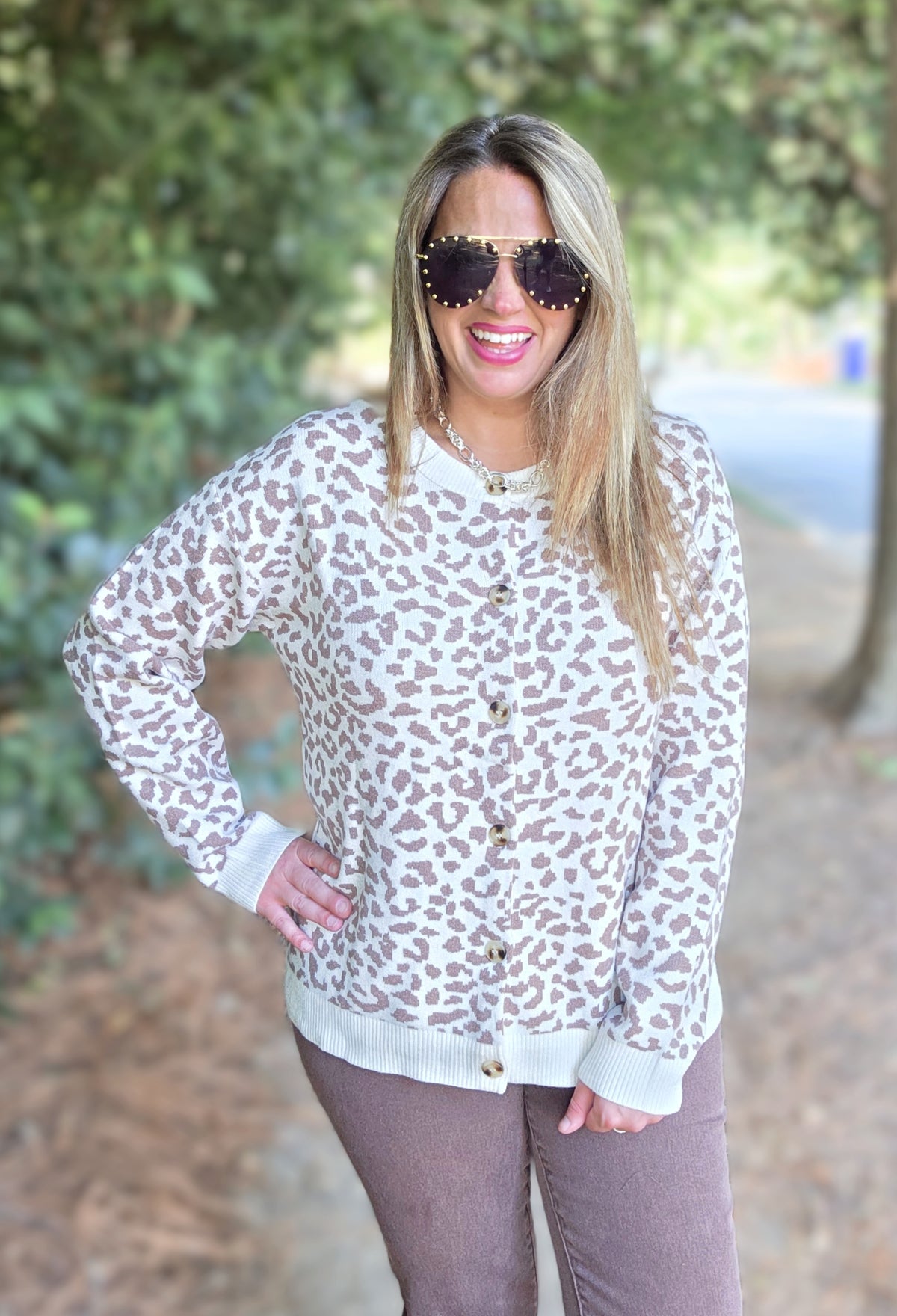 BROWN/CREAM ANIMAL PRINT BUTTON DOWN SWEATER CARDIGAN
