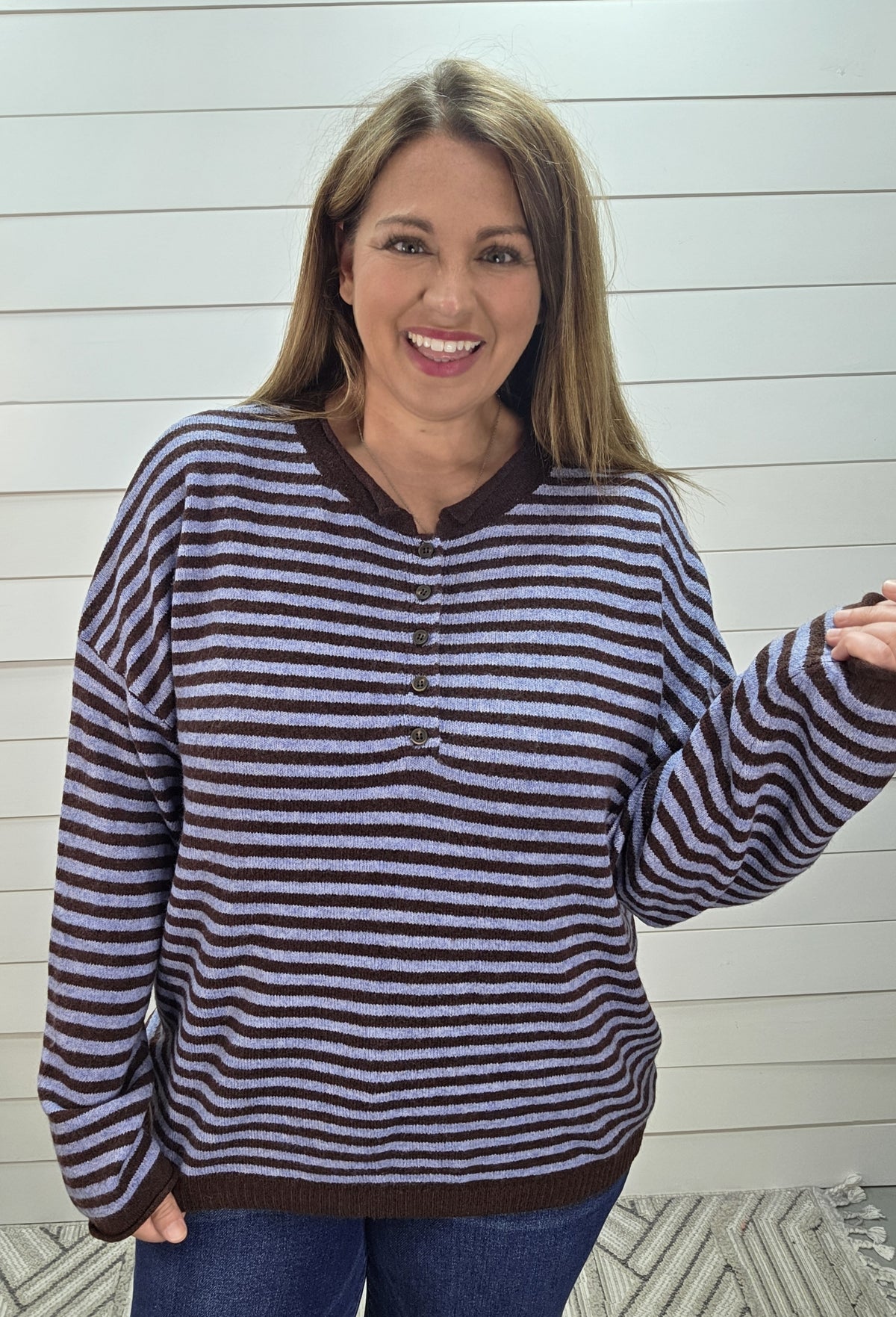 BLUE/BROWN STRIPED HENLEY SWEATER