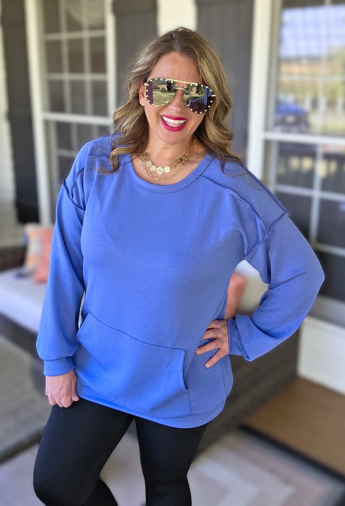 DENIM SCUBA CREW NECK PULLOVER WITH KANGAROO POCKET