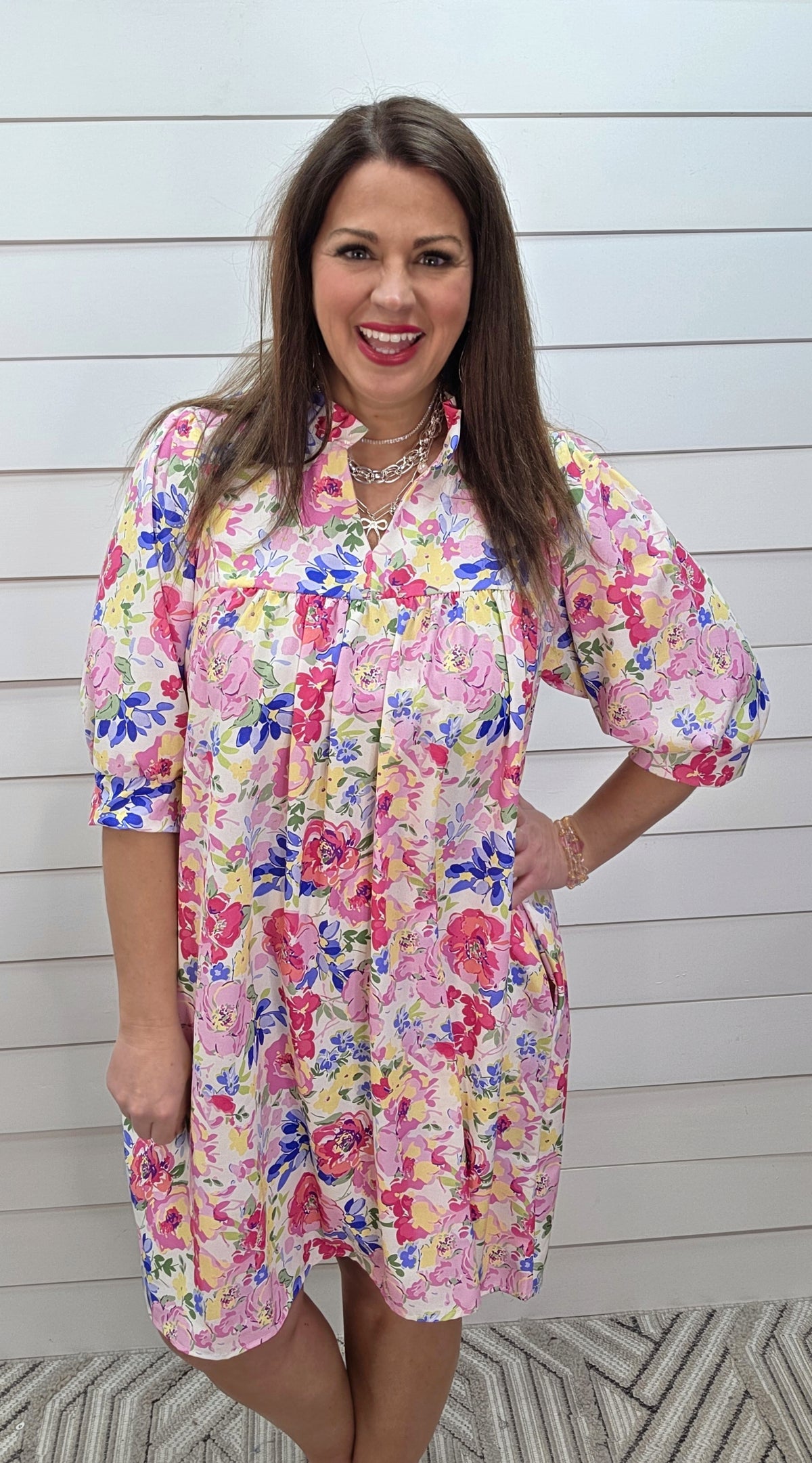 IVORY/PINK/BLUE FLORAL V NECK DRESS W/ FRILL NECKLINE