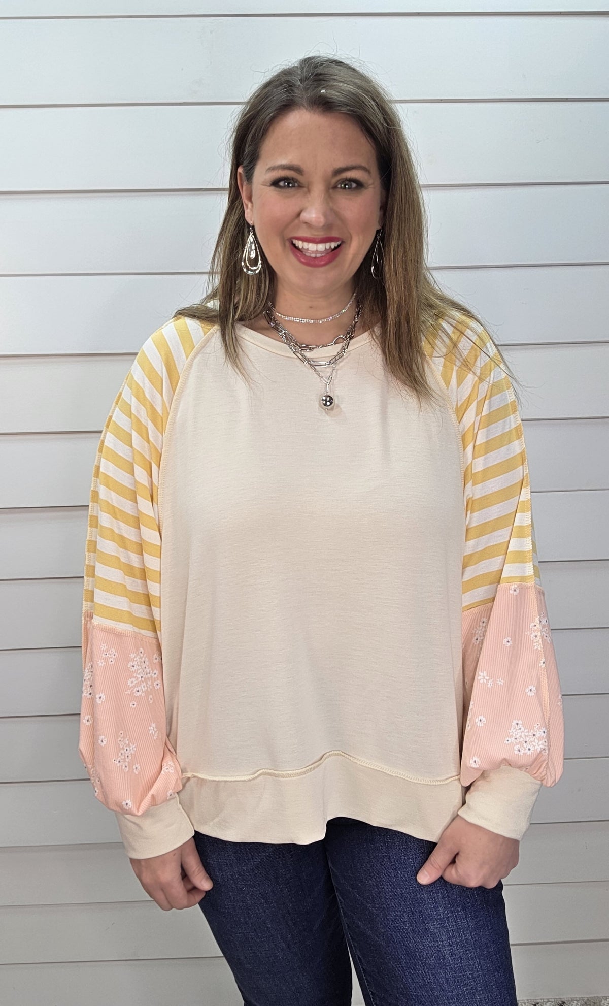 OATMEAL FRENCH TERRY LOOSE FIT TOP W/ STRIPED/FLORAL CONTRAST SLEEVES