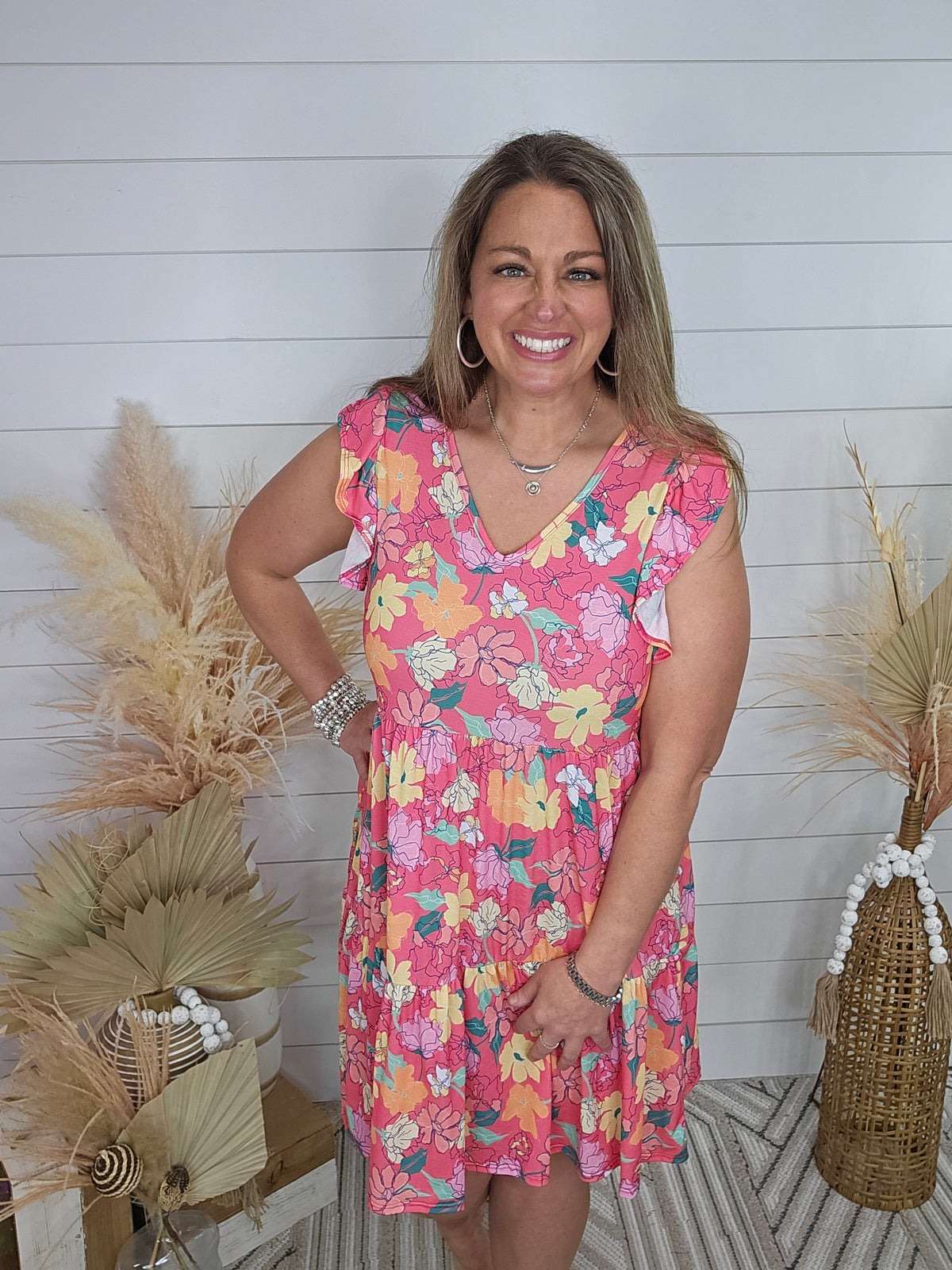 HOT PINK FLORAL TIERED DRESS W/ RUFFLE SLEEVES