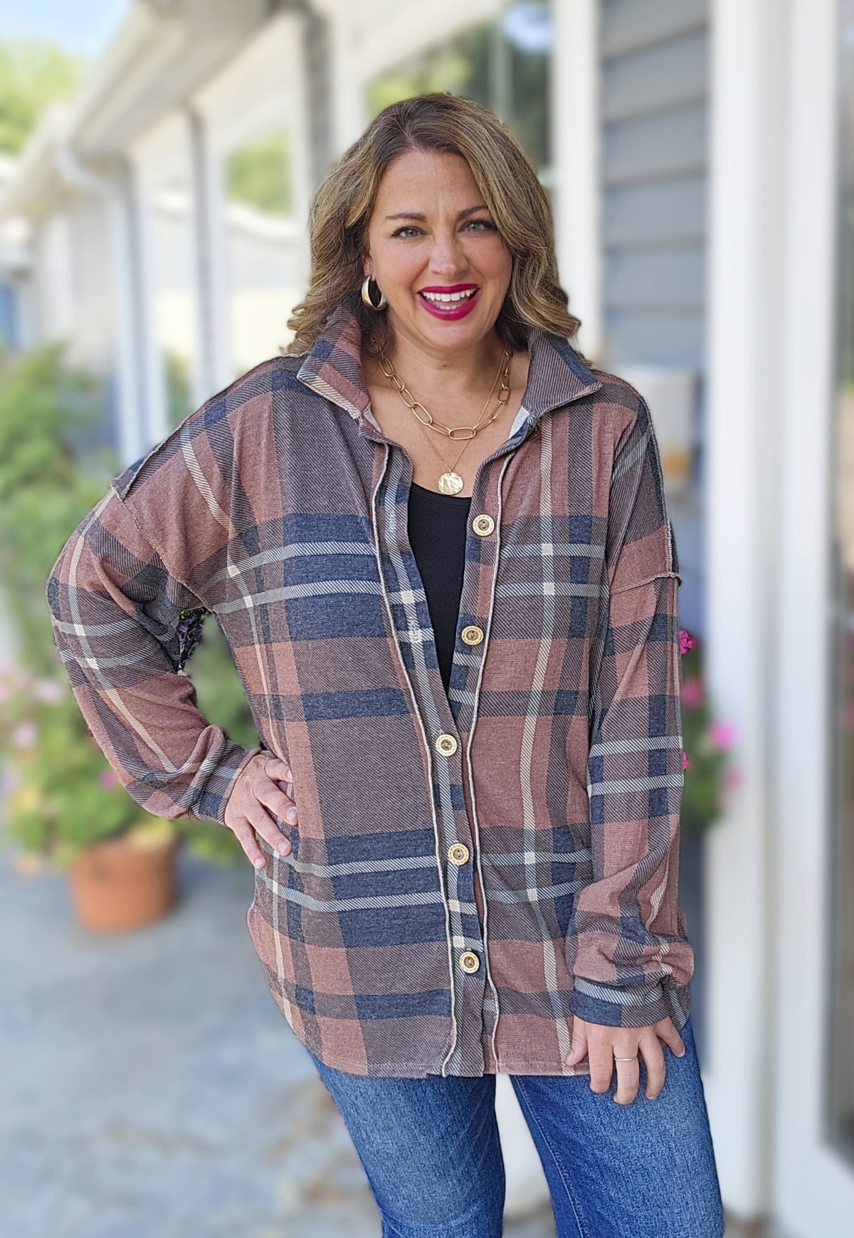 BROWN/BLACK PLAID SOFT BUTTON DOWN KNIT TOP