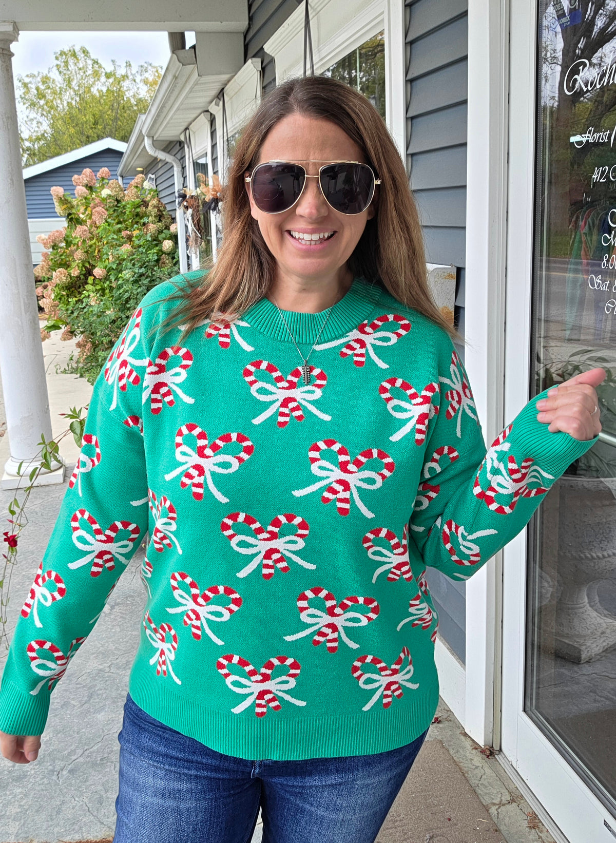 GREEN CANDY CANE Jacquarded, Crew Neck SWEATER