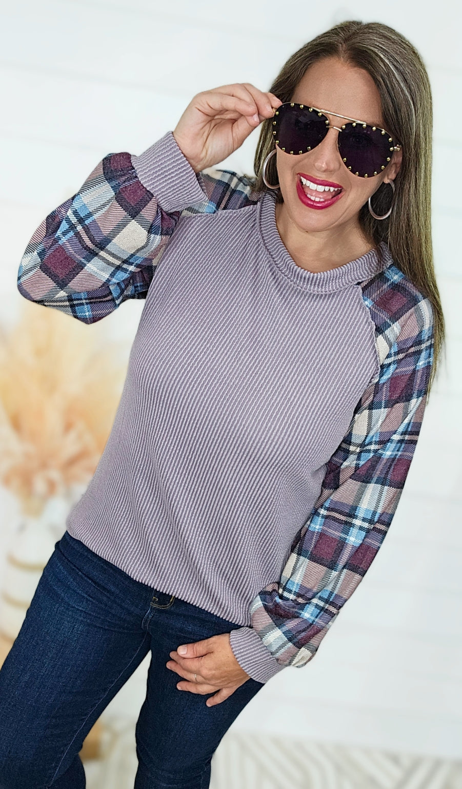 DUSTY LAVENDER RAISED RIBBED WITH PLAID CONTRAST SLEEVES