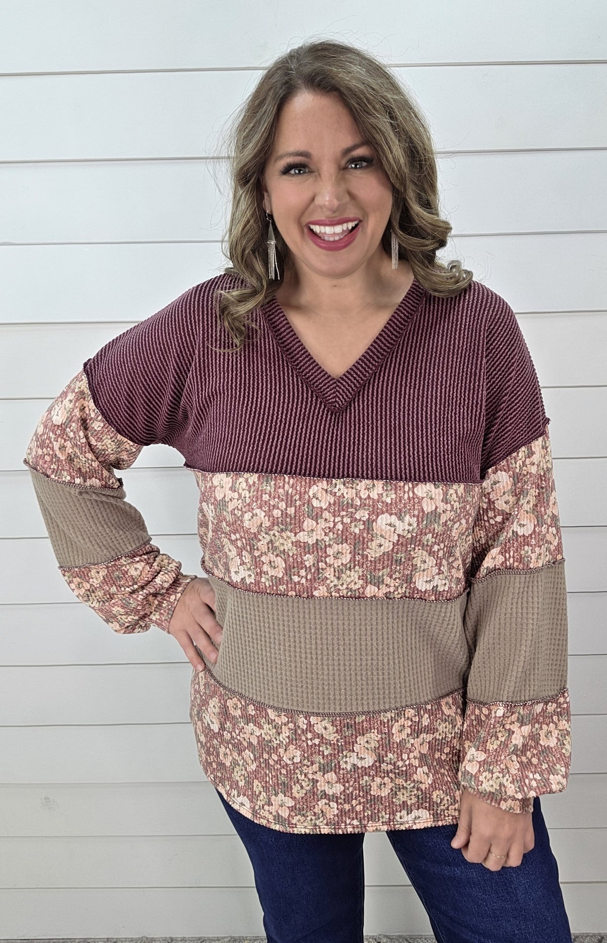 BURGUNDY RAISED RIBBED FLORAL COLORBLOCK KNIT TOP