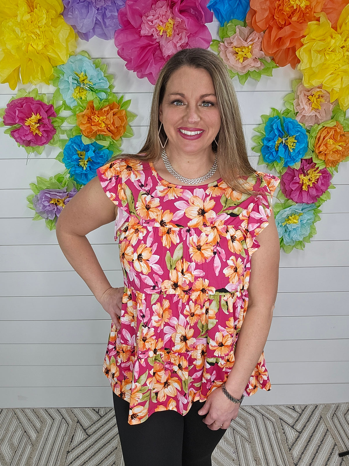 FUSCHIA MULTI FLORAL TIERED TOP