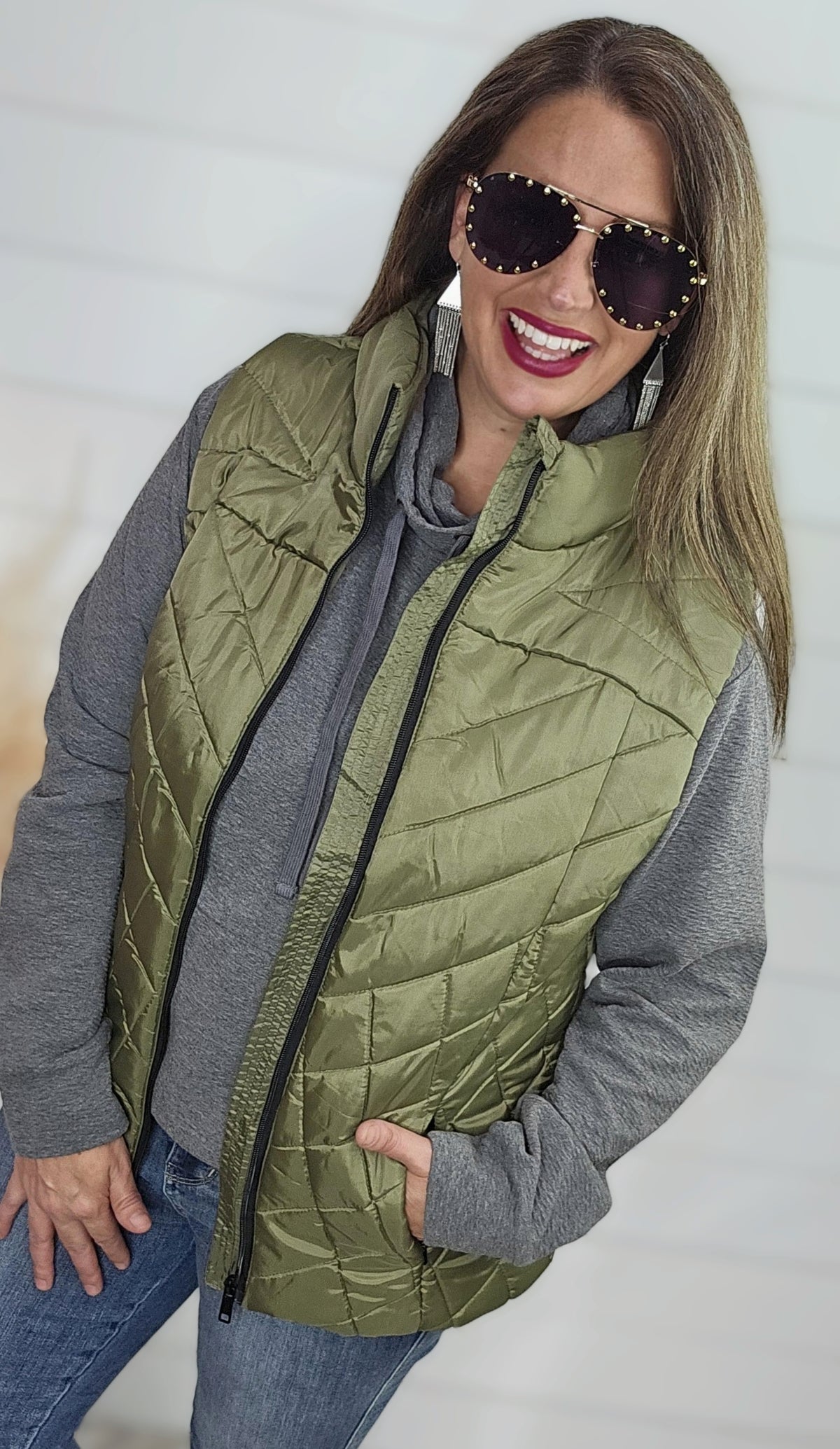 KAREN HART OLIVE QUILTED FULL ZIP VEST