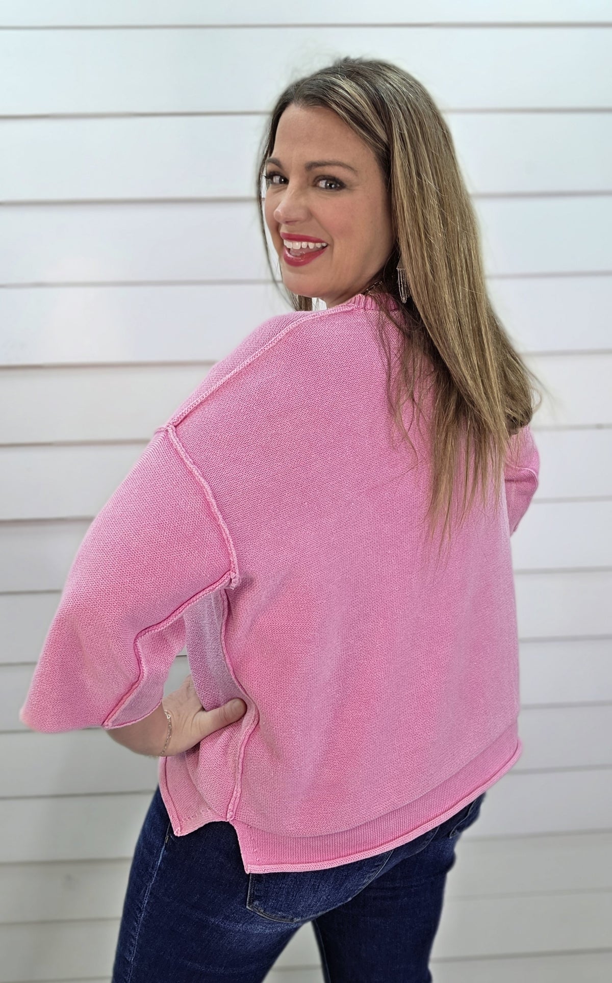 CANDY PINK 3/4 SLEEVE LOOSE FIT SWEATER