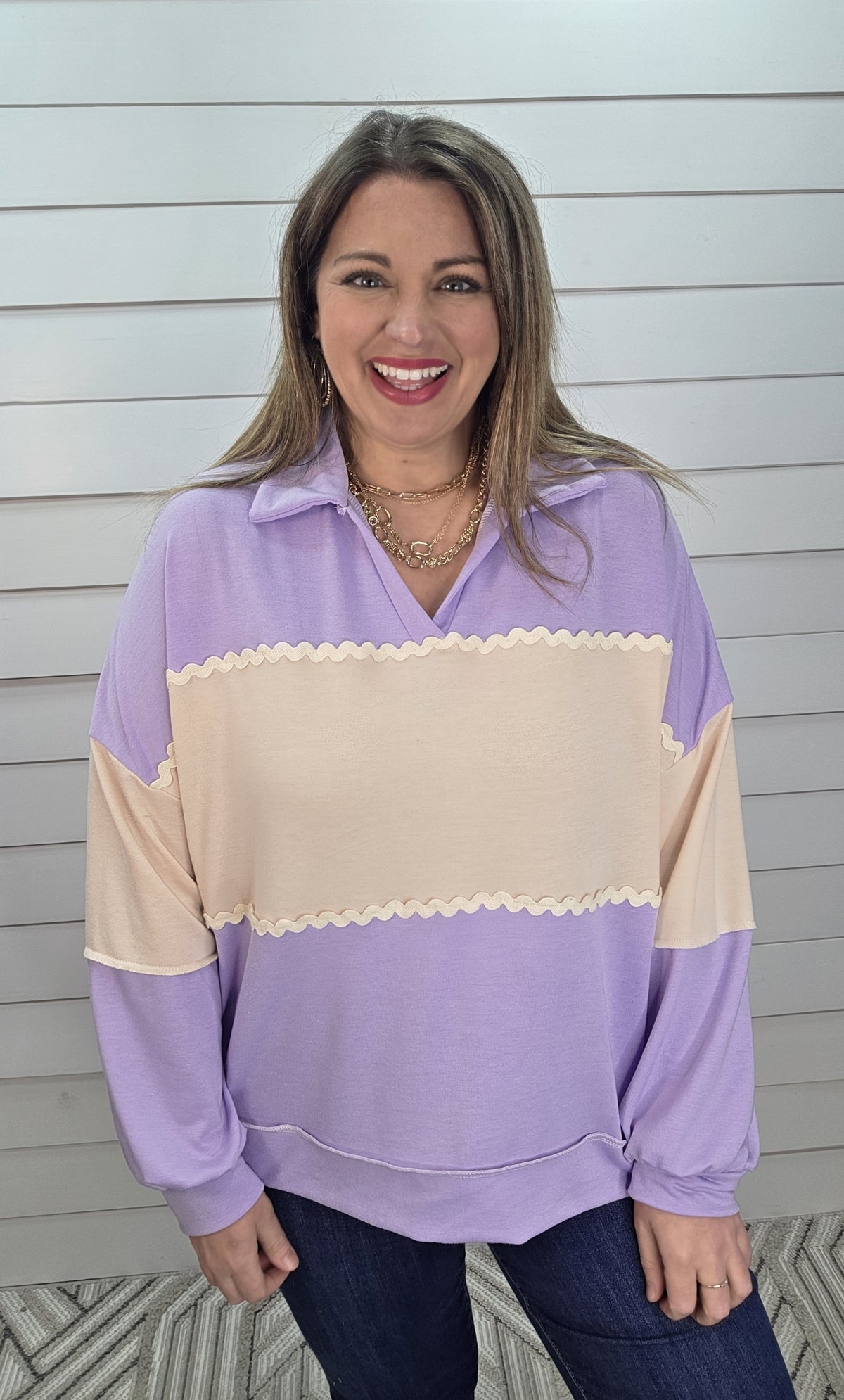 LAVENDER COLORBLOCK LIGHT WEIGHT FRENCH TERRY TOP W/ RIC RAC TRIM