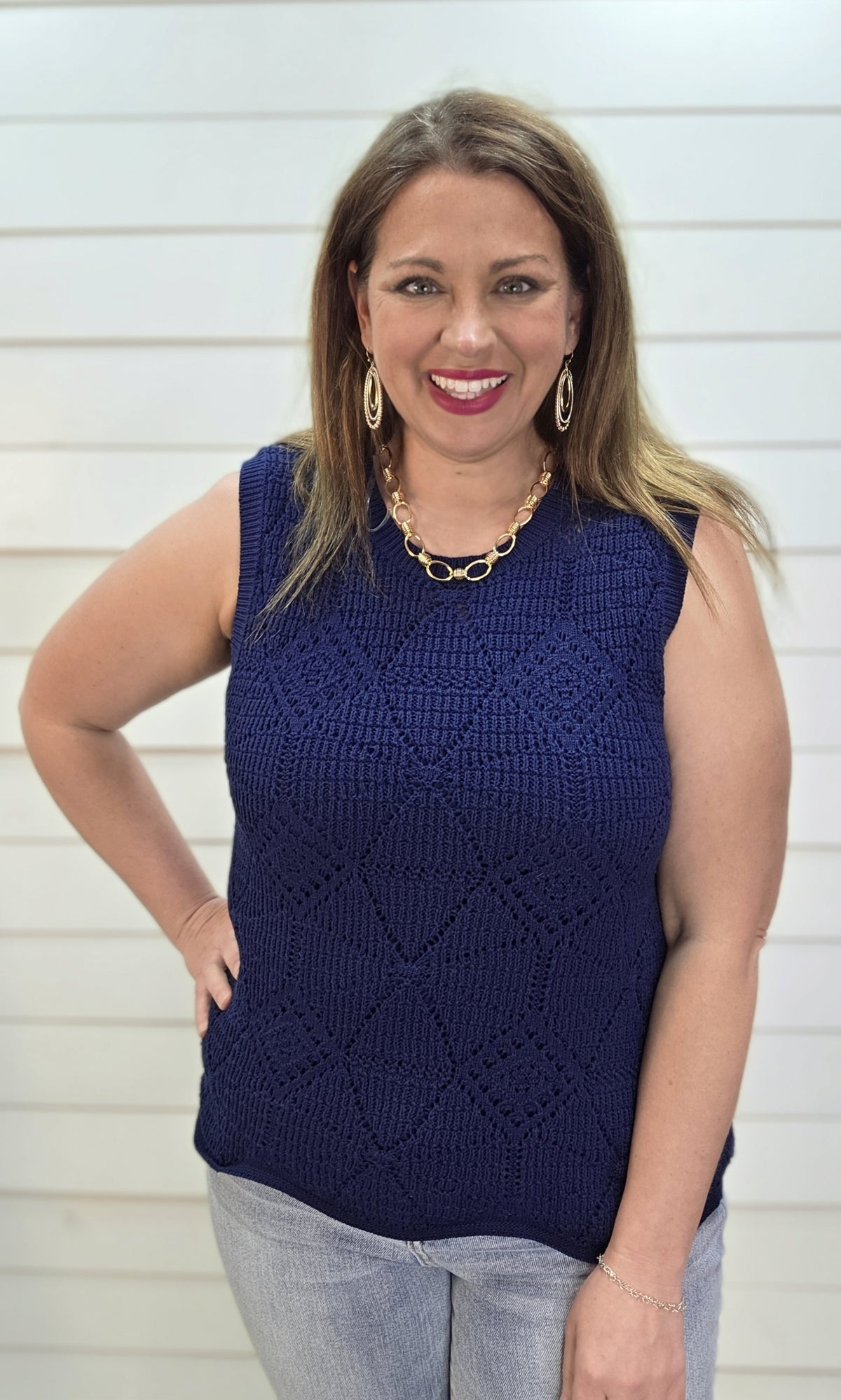 NAVY CROCHET SLEEVELESS SWEATER TANK W/ SCALLOPED EDGE