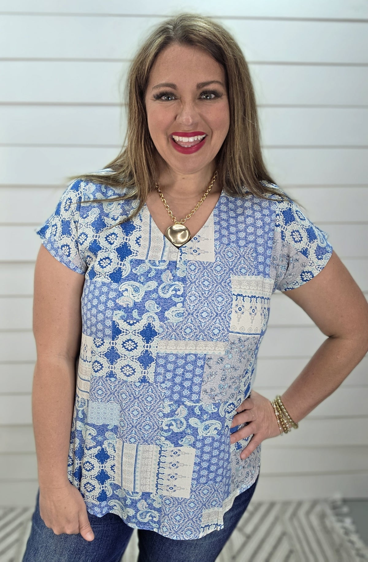BLUE PATCHWORK WOVEN V NECK TOP
