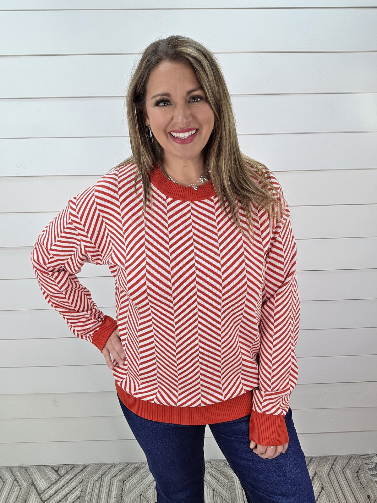 RED/WHITE CANDY CANE STRIPE KNIT SWEATER