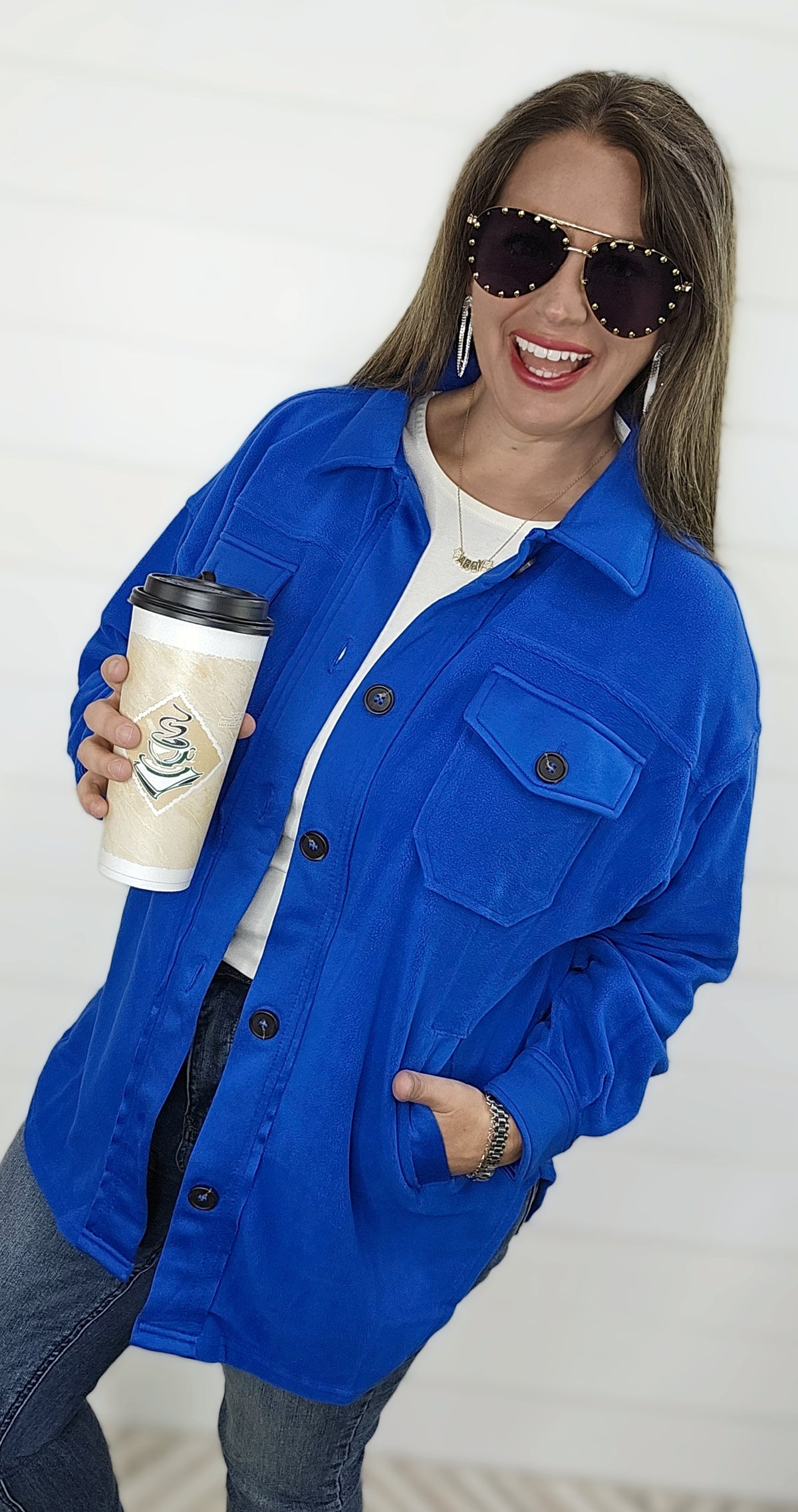 OVERSIZED PLUSH FLEECE SHACKET - BLUE