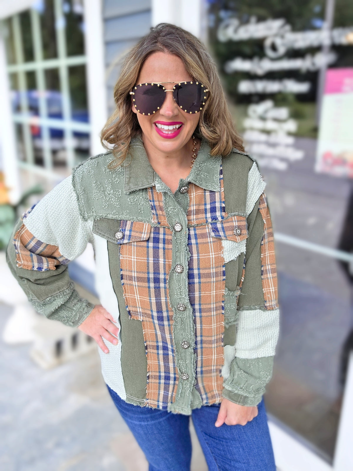 POL OLIVE/MUSTARD PLAID BUTTON UP JACKET