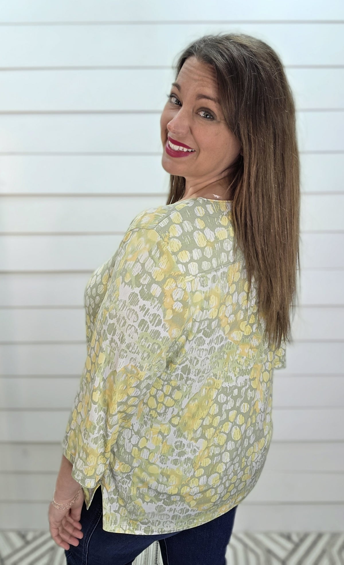 YELLOW/GREEN DOT PATTERN KNIT TOP W/ RING ACCENT NECKLINE