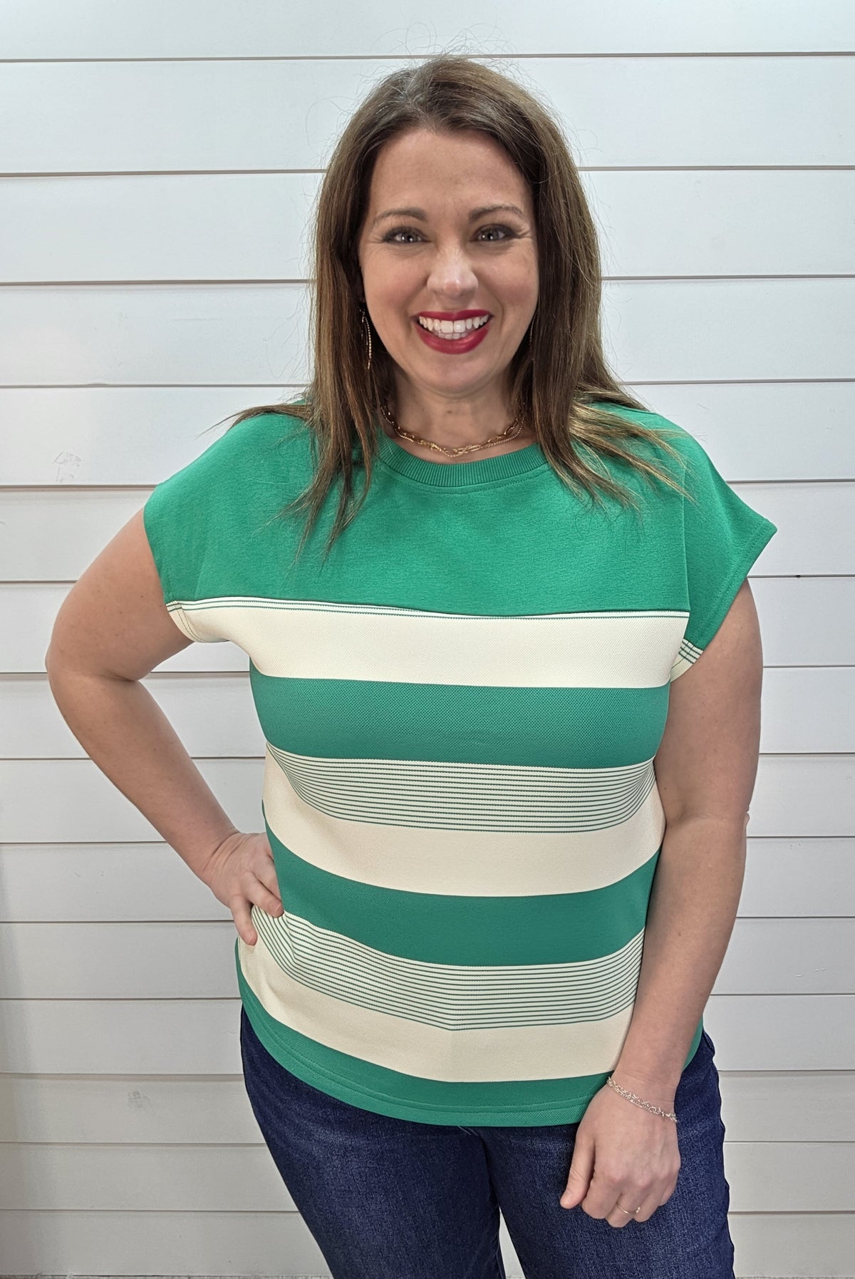 GREEN STRIPED MIXED CAP SLEEVE KNIT TOP