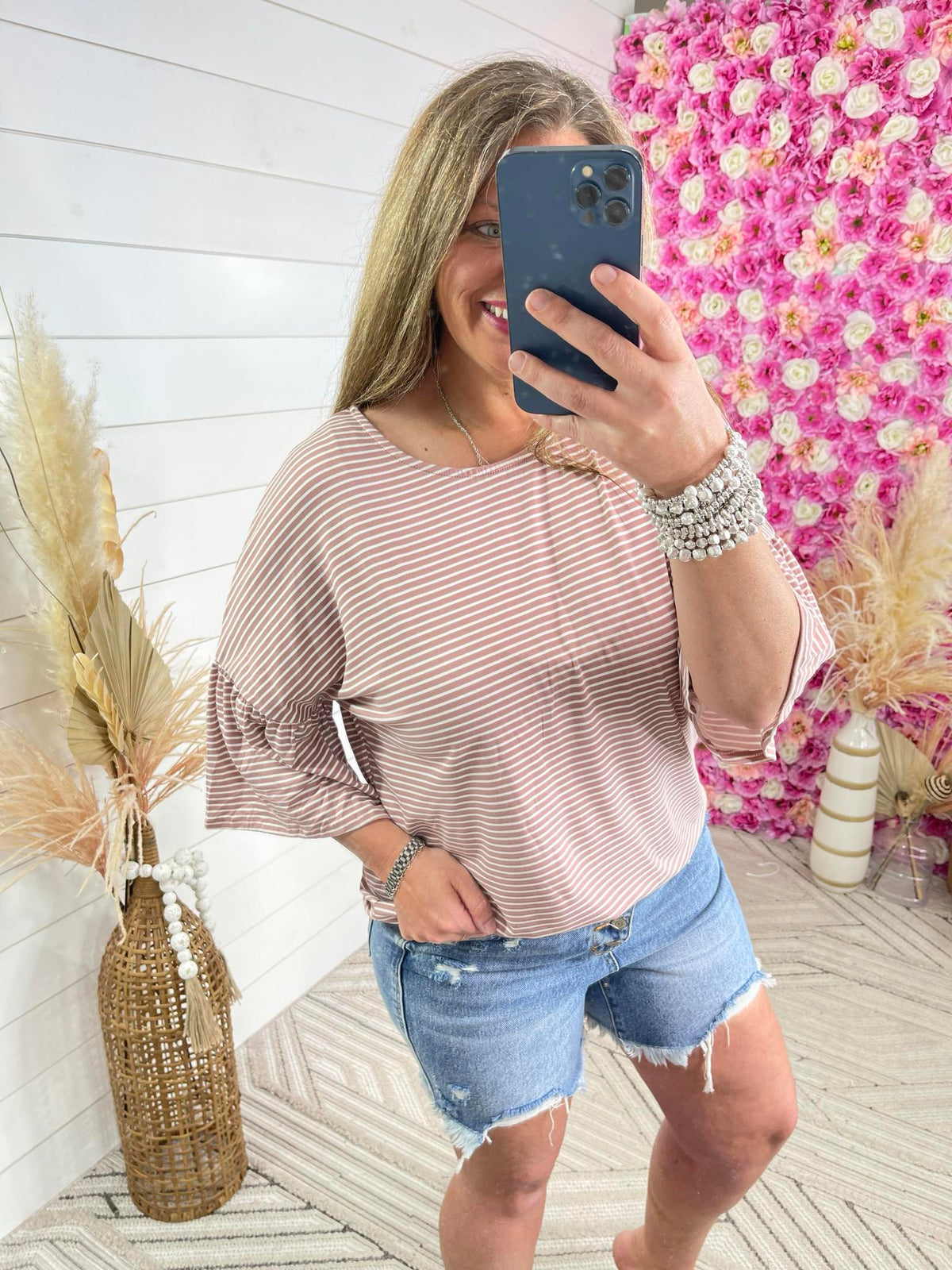 MAUVE STRIPED DROP SHOULDER KNIT TOP