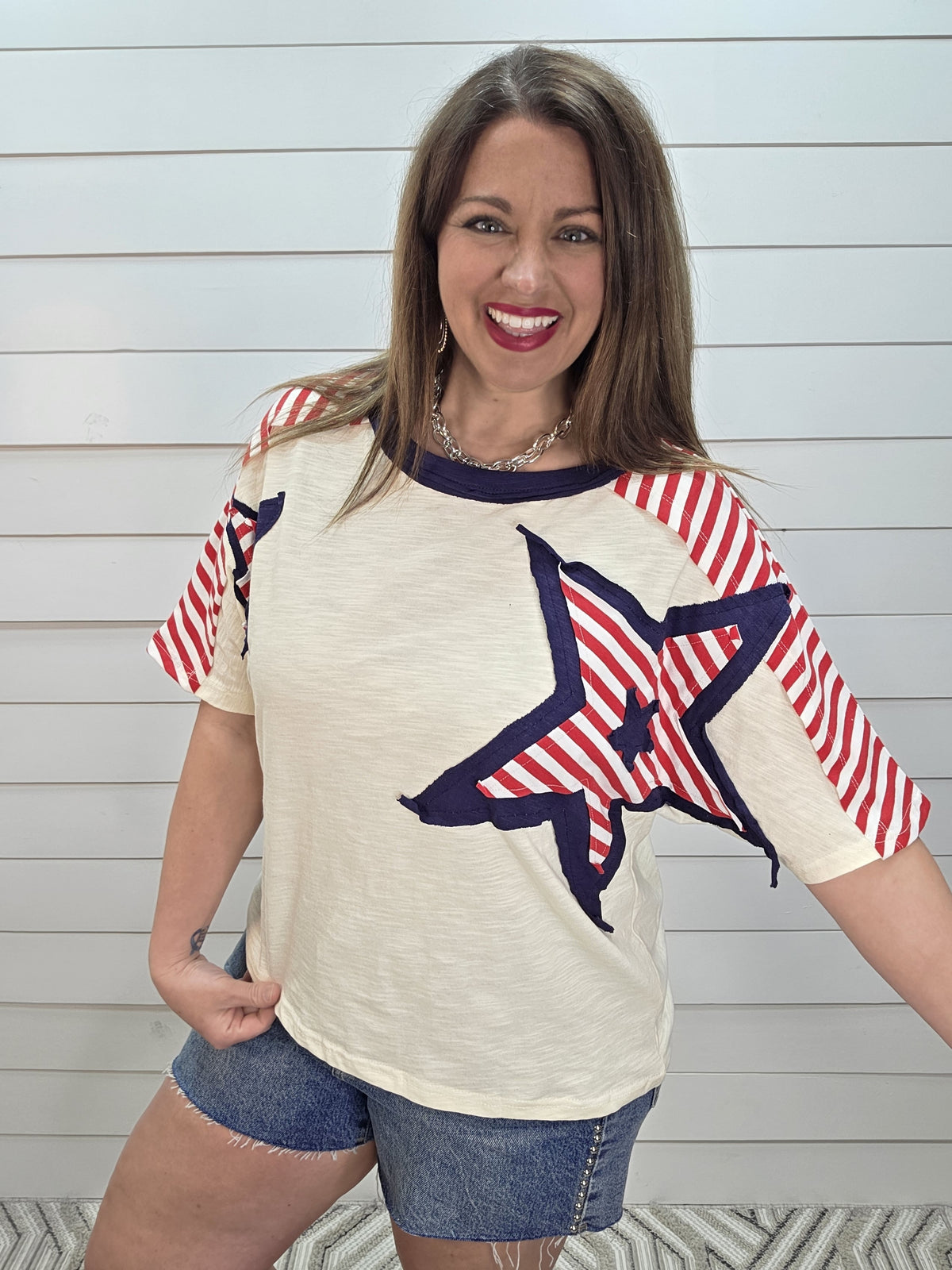 OATMEAL/RED/NAVY STAR/STRIPED KNIT TOP