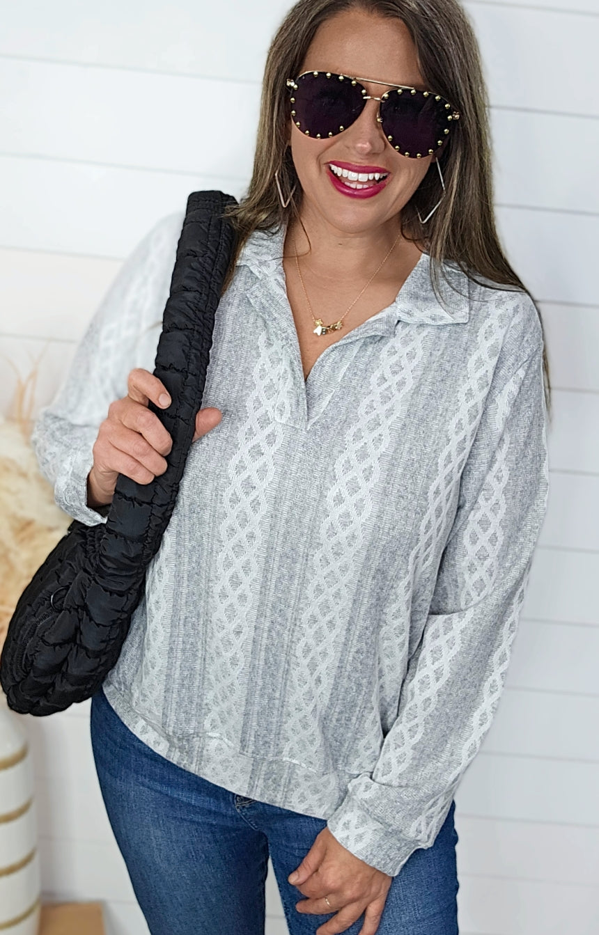 HEATHER GREY PRINTED TEXTURED V NECK LONG SLEEVE TOP