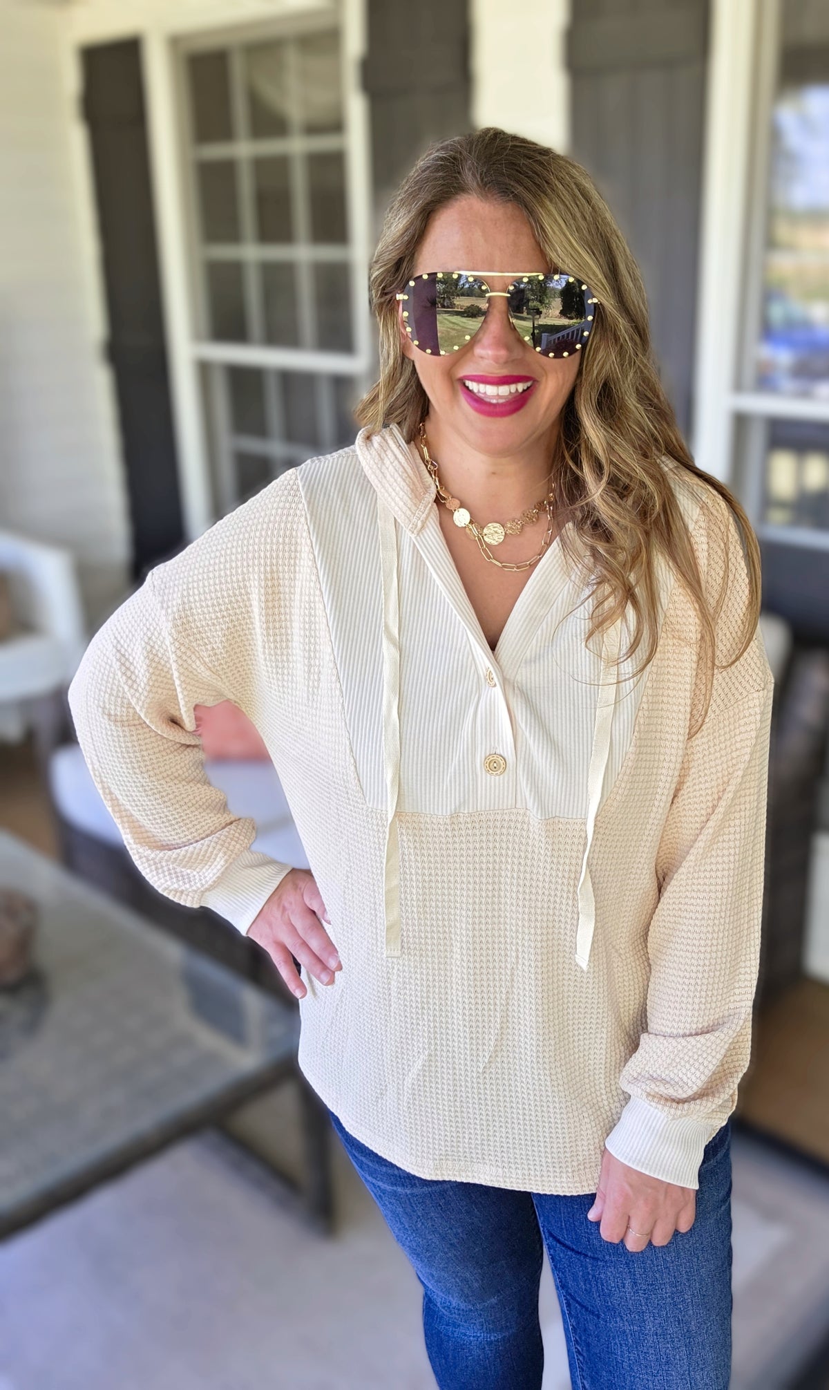 OATMEAL WAFFLE CONTRAST LIGHT WEIGHT HOODIE