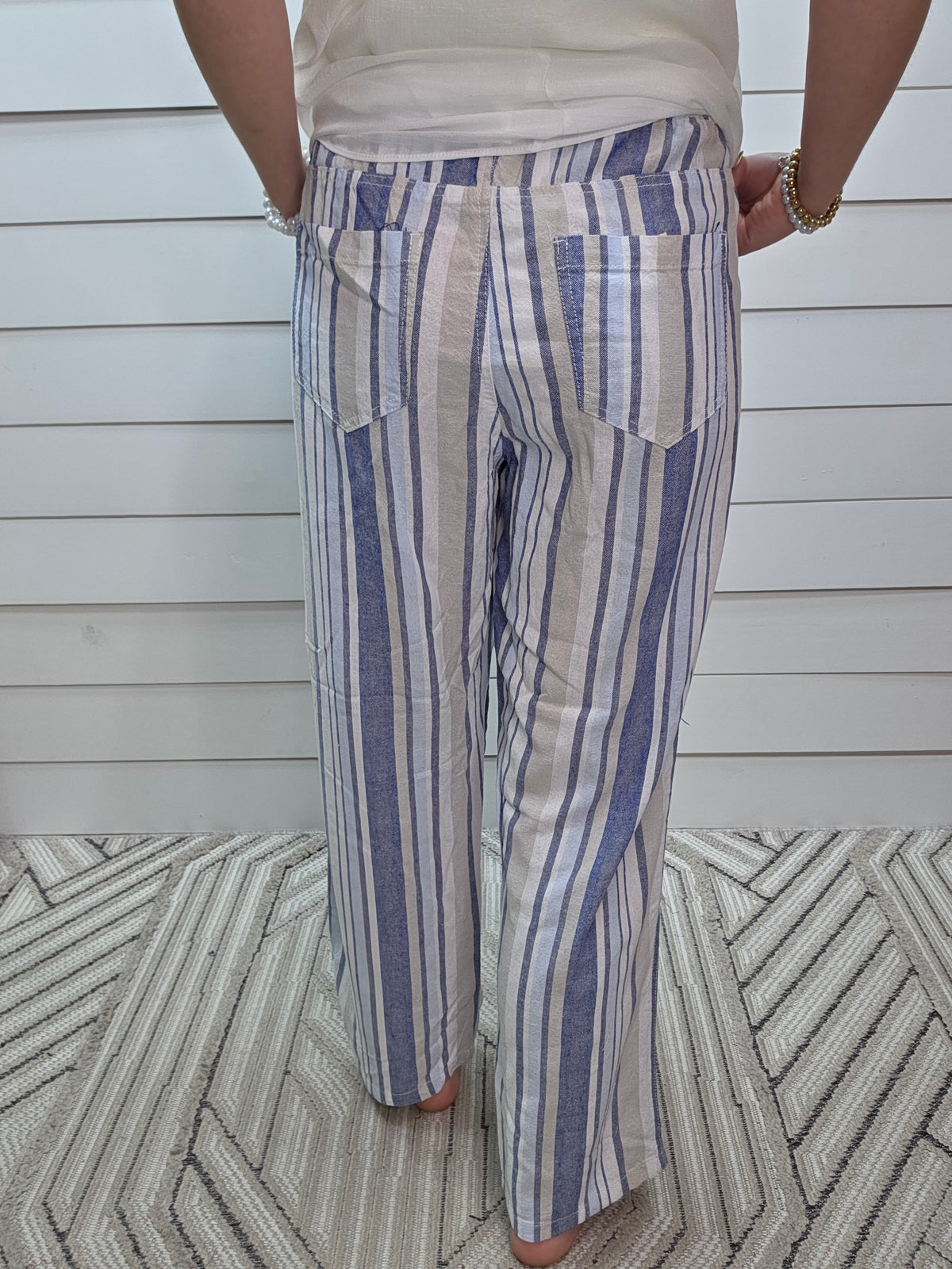 BLUE/WHITE/TAN STRIPED DRAWSTRING PANTS