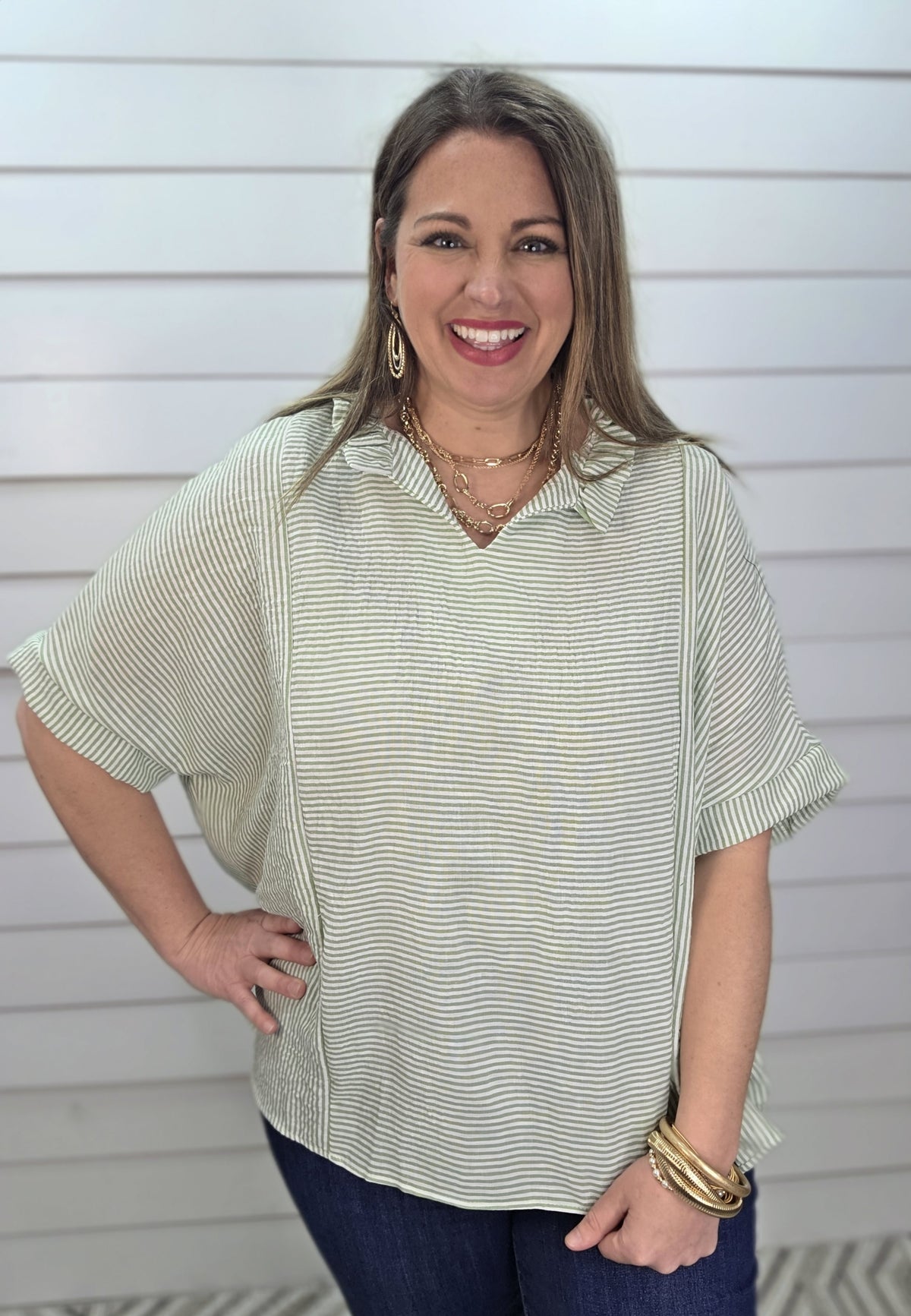 SAGE PINSTRIPED OVERSIZED WOVEN DOLMAN TOP W/ FRILL NECKLINE