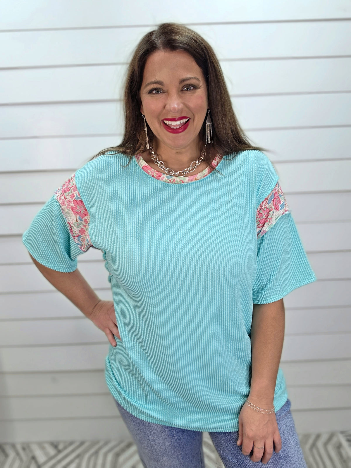 MINT RAISED RIBBED KNIT TOP W/ FLORAL ACCENTS