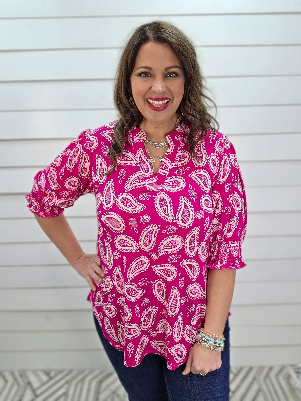 DEAR SCARLETT SMOCKED TOP - HOT PINK PAISLEY