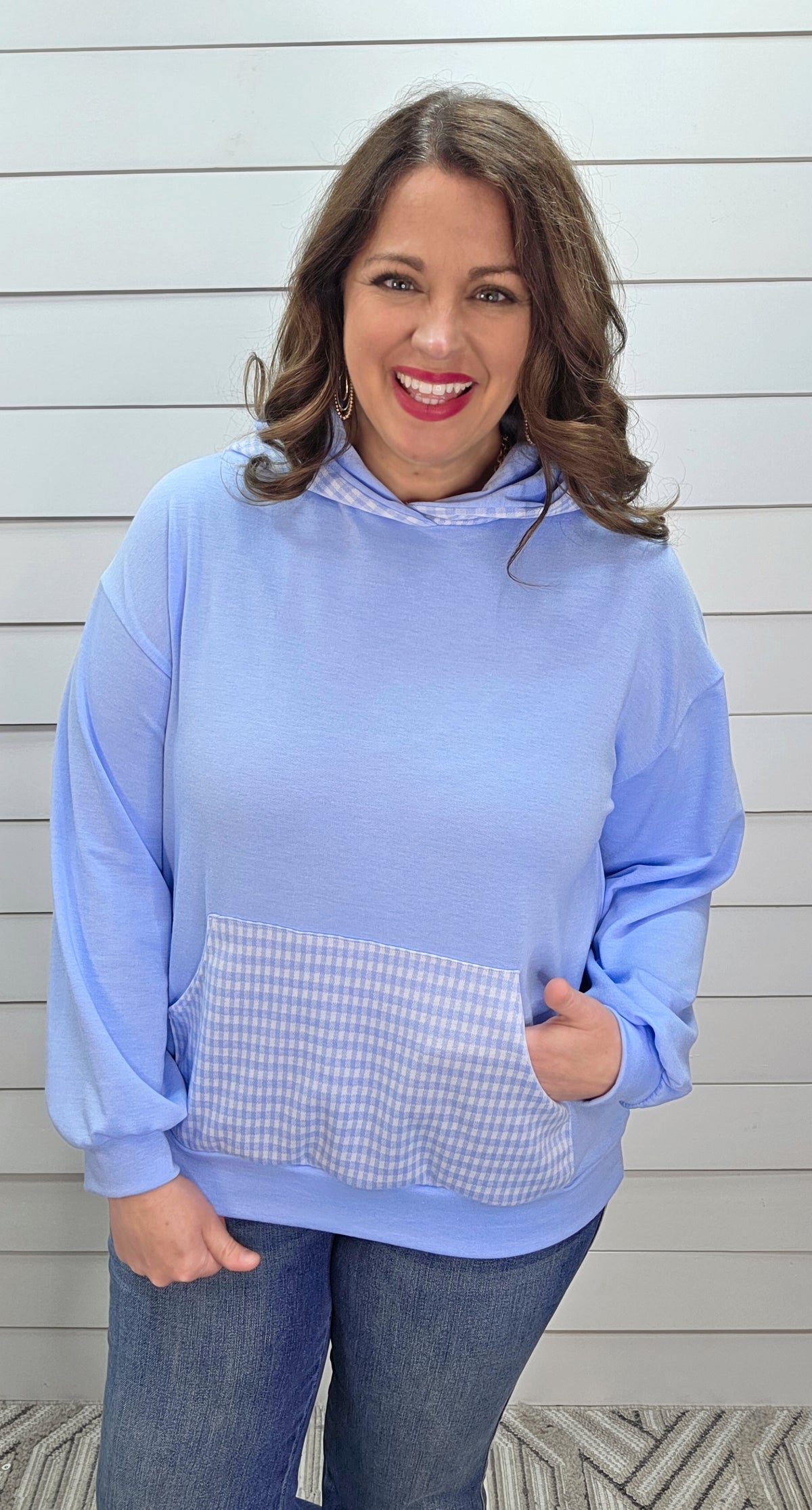 BLUE GINGHAM TRIM LIGHT WEIGHT PULLOVER HOODIE