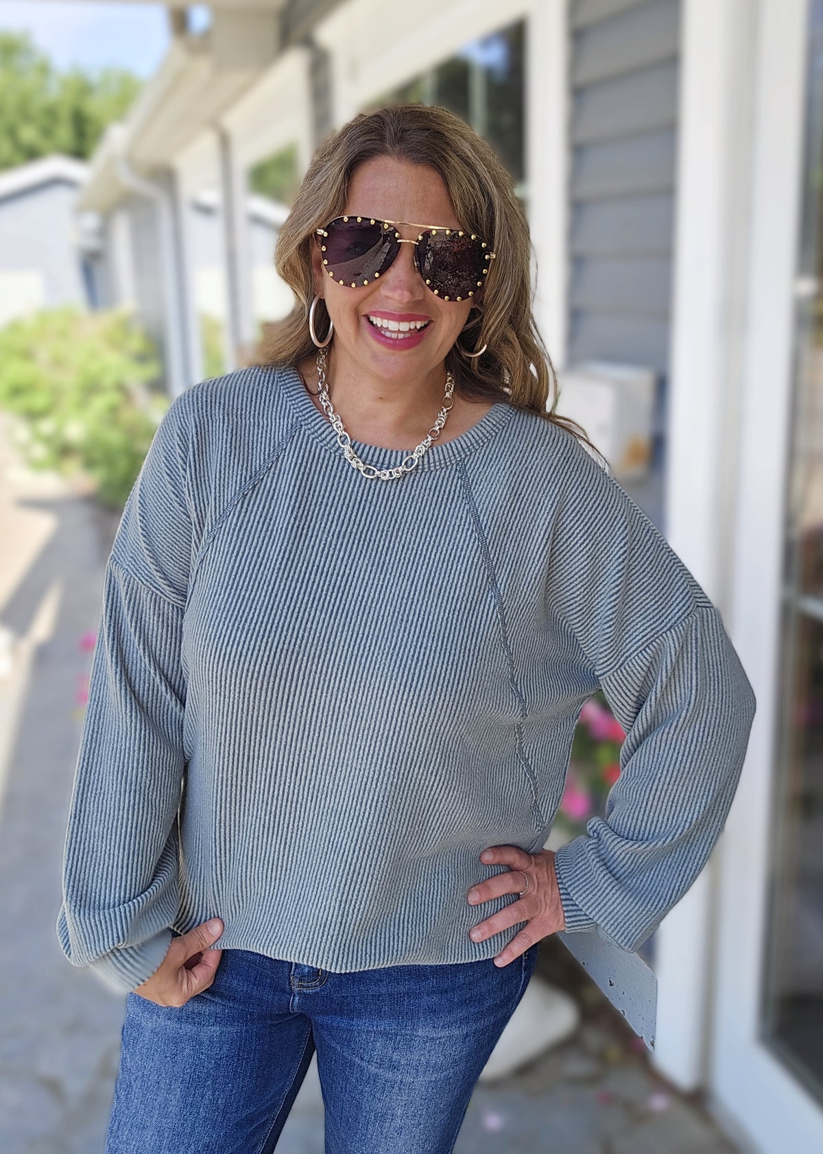 OLIVE BRUSHED RIBBED KNIT LONG SLEEVE TOP