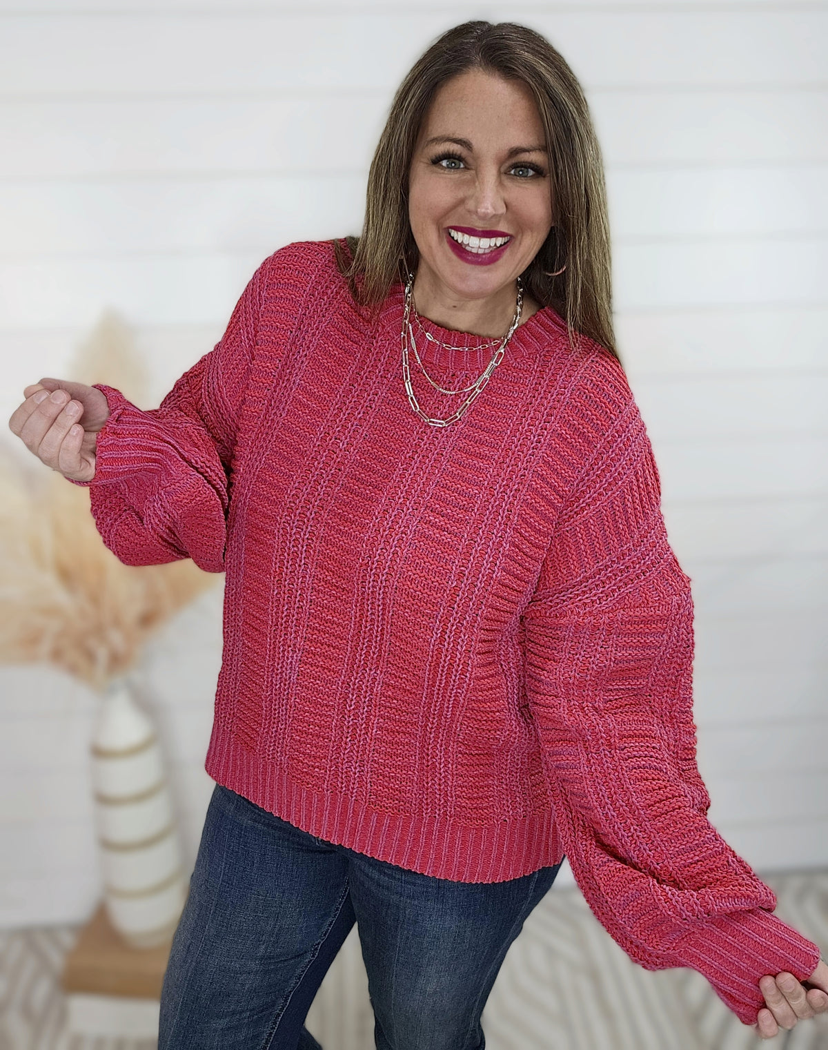 RED/PINK TWO TONE MINERAL WASH KNIT SWEATER