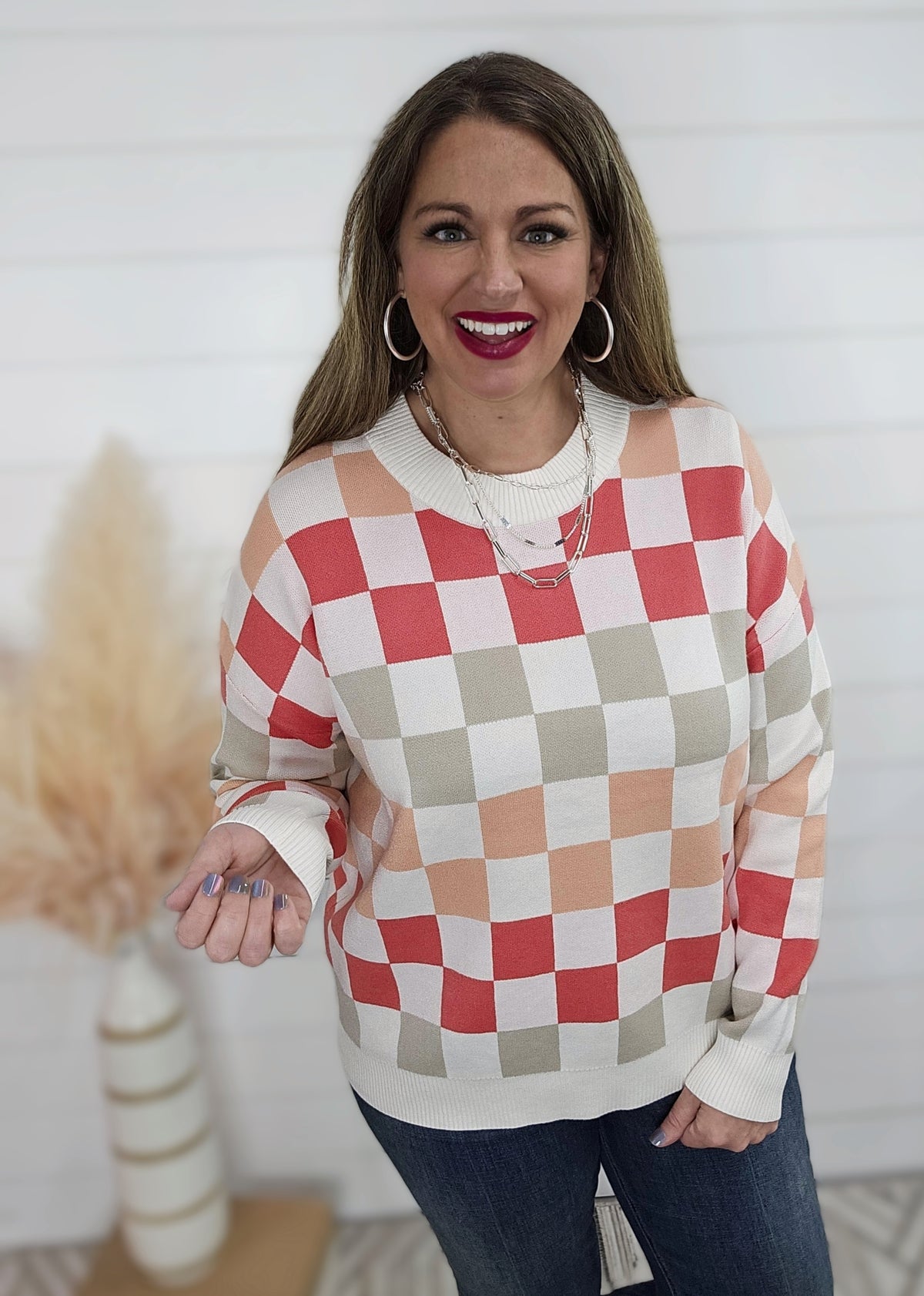 MULTI CHECKERBOARD KNIT PULLOVER SWEATER