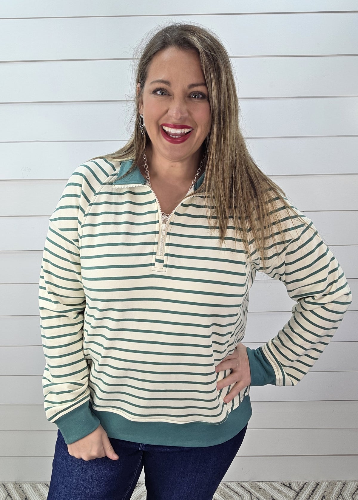 SAGE STRIPED FRENCH TERRY QUARTER ZIP