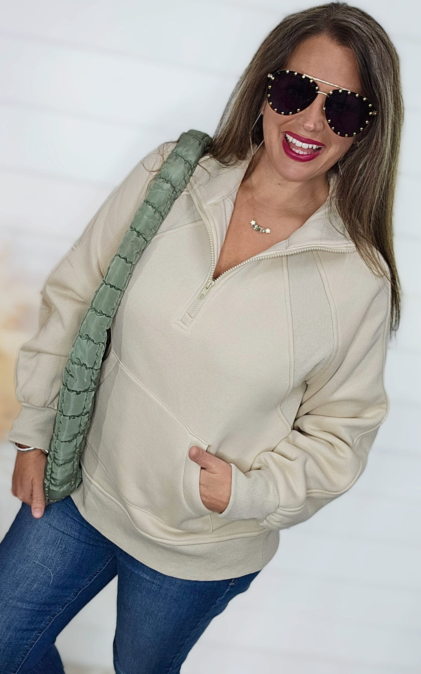 BEIGE QUARTER ZIP CONTRAST PULLOVER